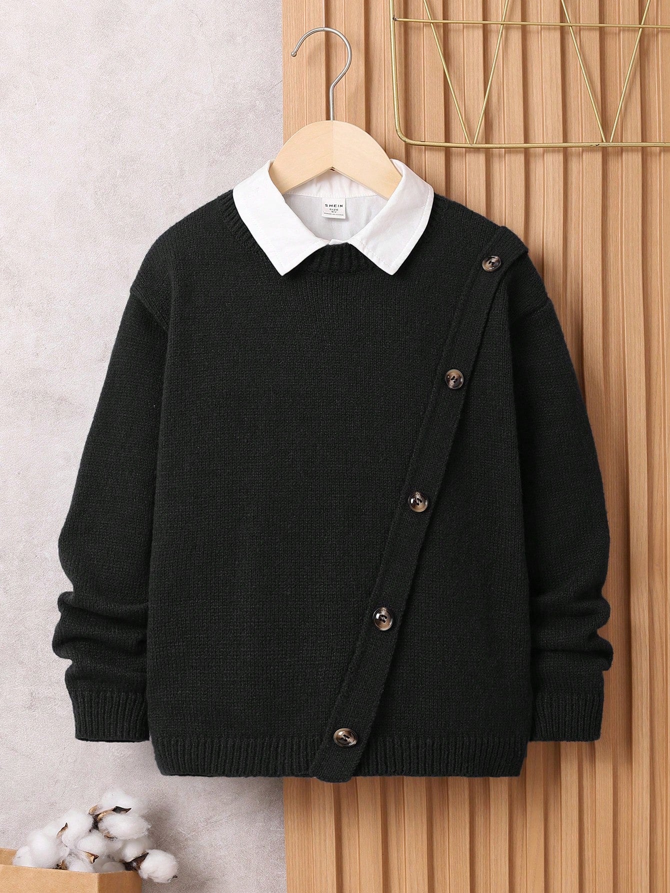 Tween Boy Loose Fit Academy Style Long Sleeve Round Neck Sweater With Diagonal Fake Placket