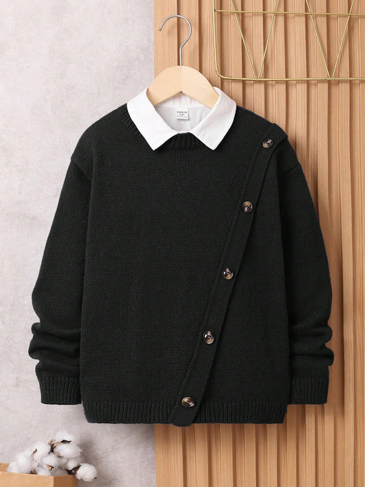 Boys' Loose Fit College Style Long Sleeve Sweater With Round Neck And Slanted False Placket