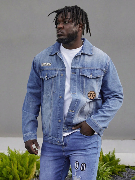 Men'S Plus Size Letter Patch Denim Jacket