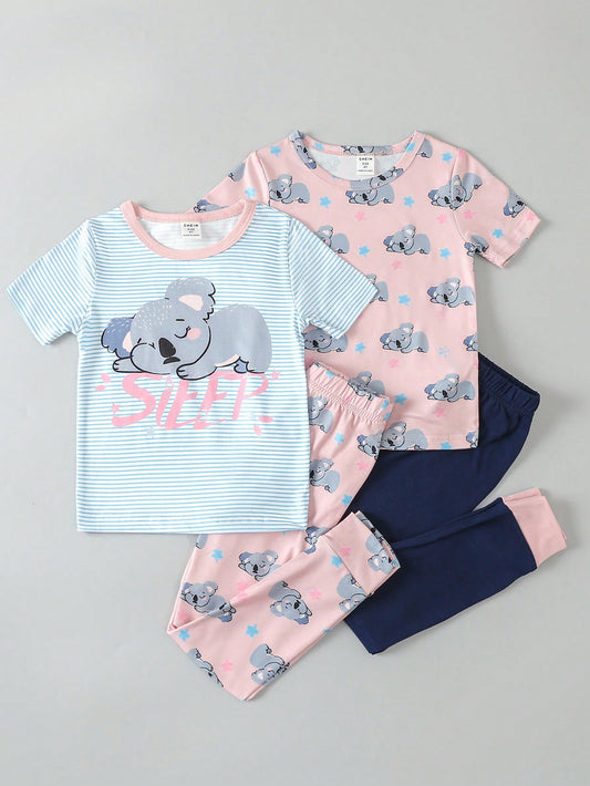 Young Girl 2sets Cartoon Printed Short Sleeve T-Shirt And Leggings Snug Fit Pajamas Set