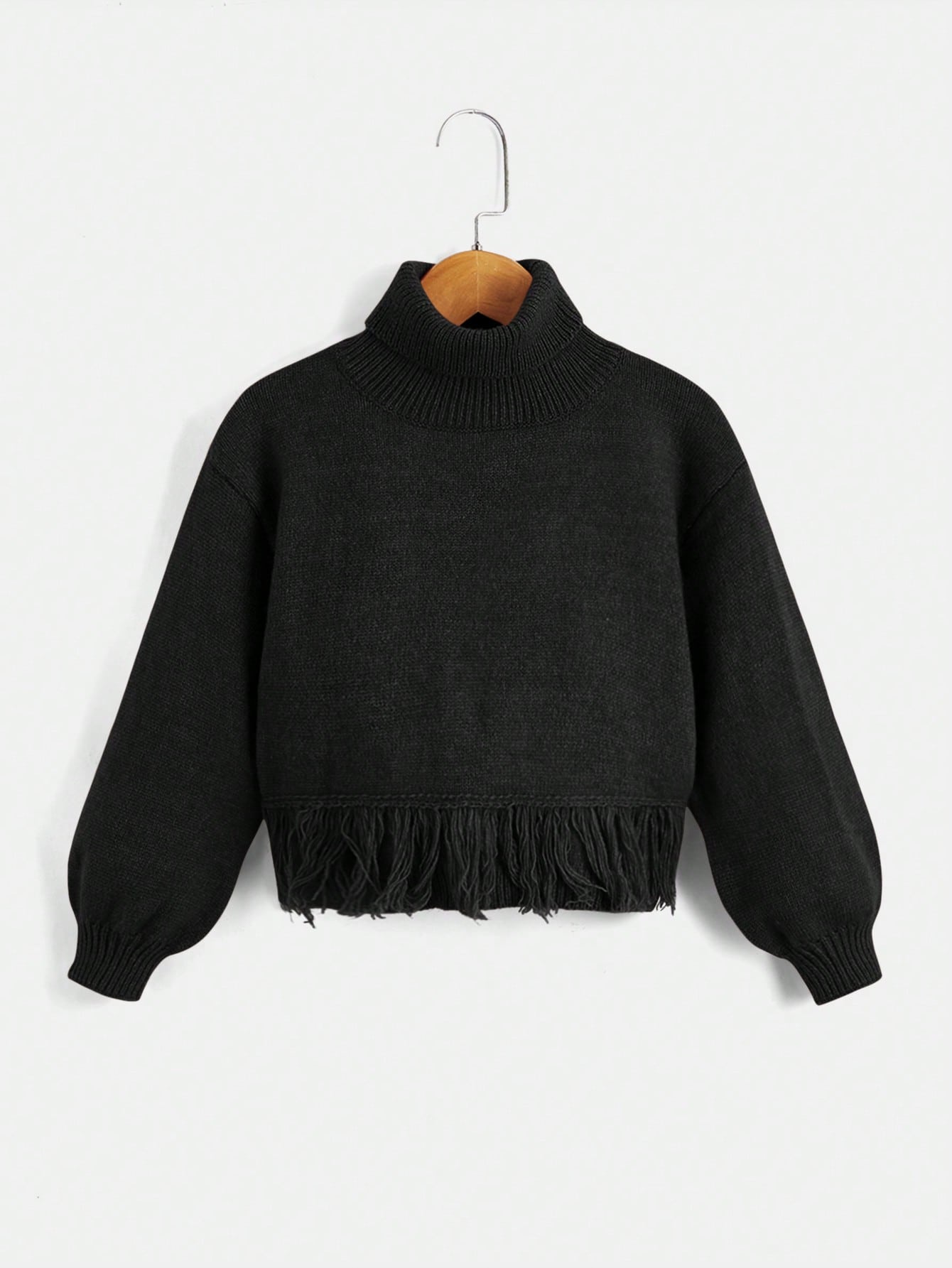 Young Girl Fringe Trim Turtle Neck Drop Shoulder Sweater