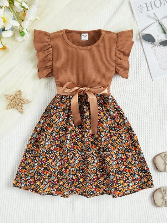 Young Girl Casual And Holiday Brown Pitted Stripes Fabric Cap Sleeve Dress With Floral Skirt And Belt, Suitable For Summer, Outdoor Activities And Indoor Daily Life, Comfortable To Wear