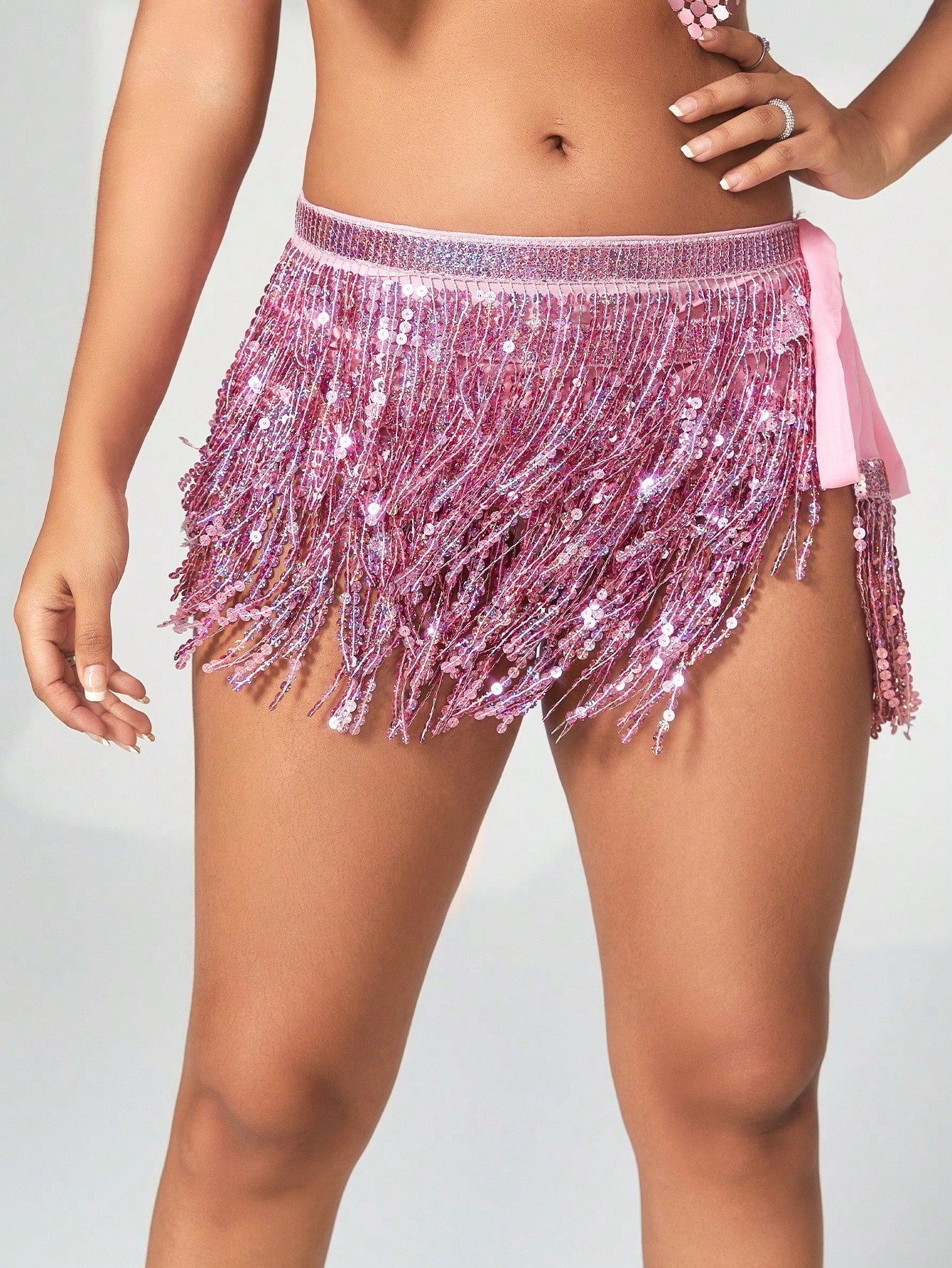 A Hip Scarf Belly Dance Skirt Holographic Sequin Fringe Trim Tie Side Skirt Performance Costume