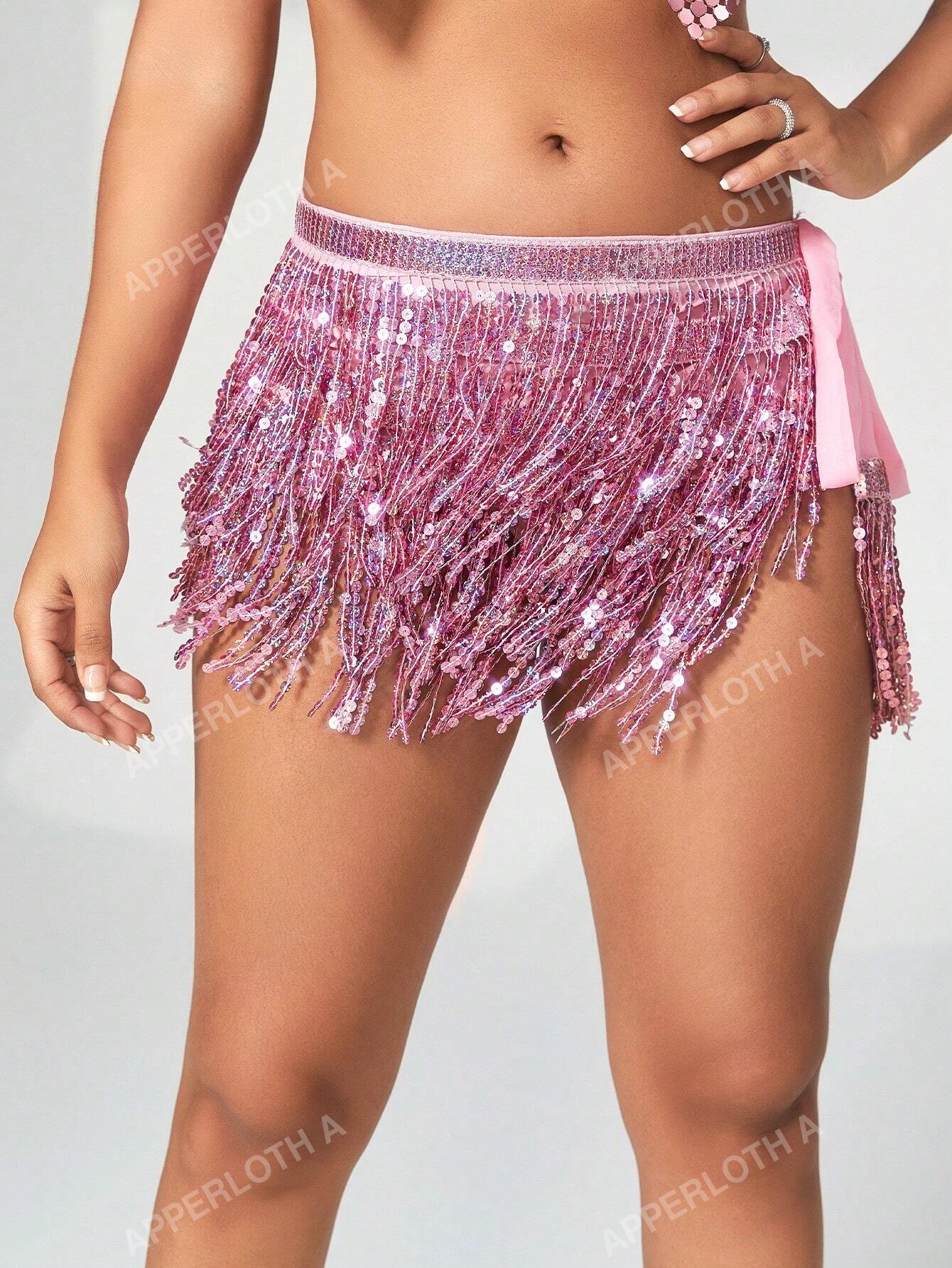 A Rave Sparkling Sequin Fringe Trim Shiny Ties Side Belly Dance Performance Mini Skirt