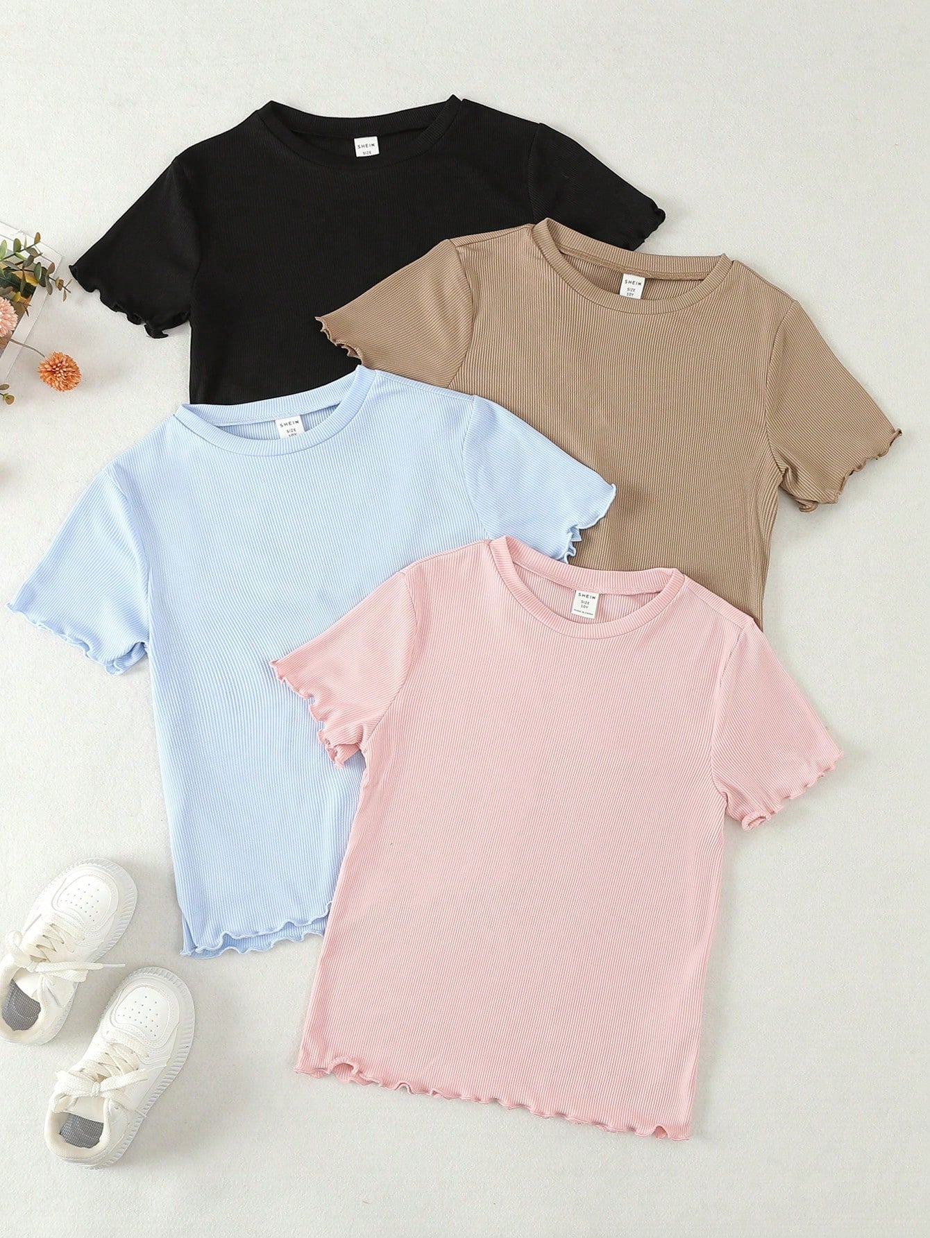 Tween Girls' Short Sleeve T-Shirt Set In Black, White, Blue And Pink, Made Of Ribbed Clean Fabric For A Versatile Summer Outfit