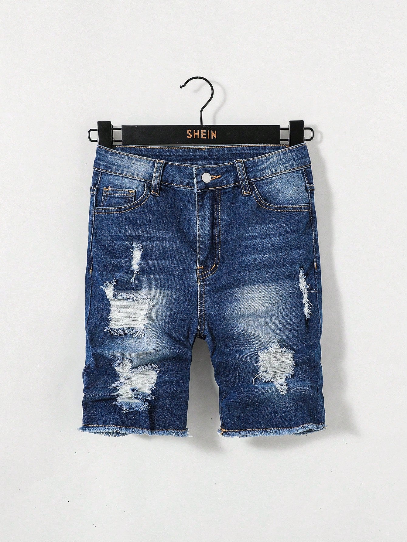 Tween Boys' Ripped Frayed  Skinny Blue Denim Jeans Shorts , For Spring And Summer Tween Boy Outfits