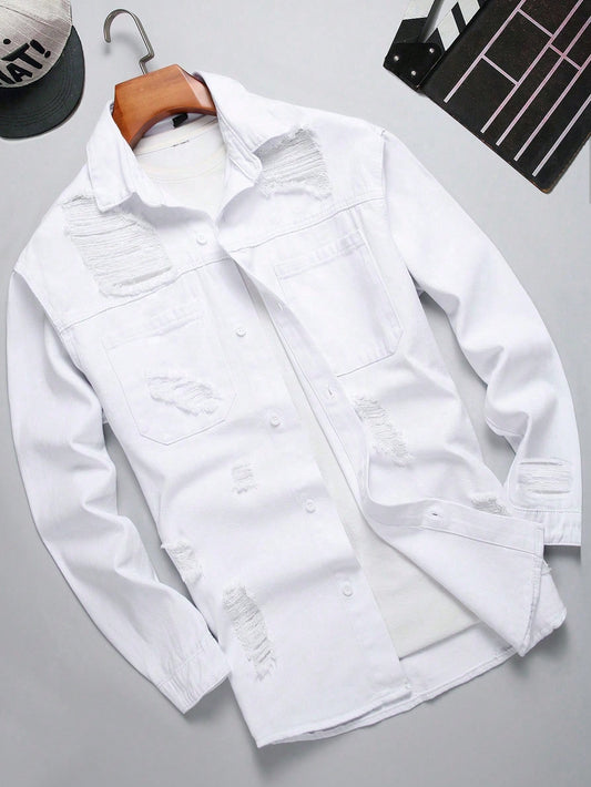 Men Ripped Frayed Flap Pocket Denim Shirt Without Tee