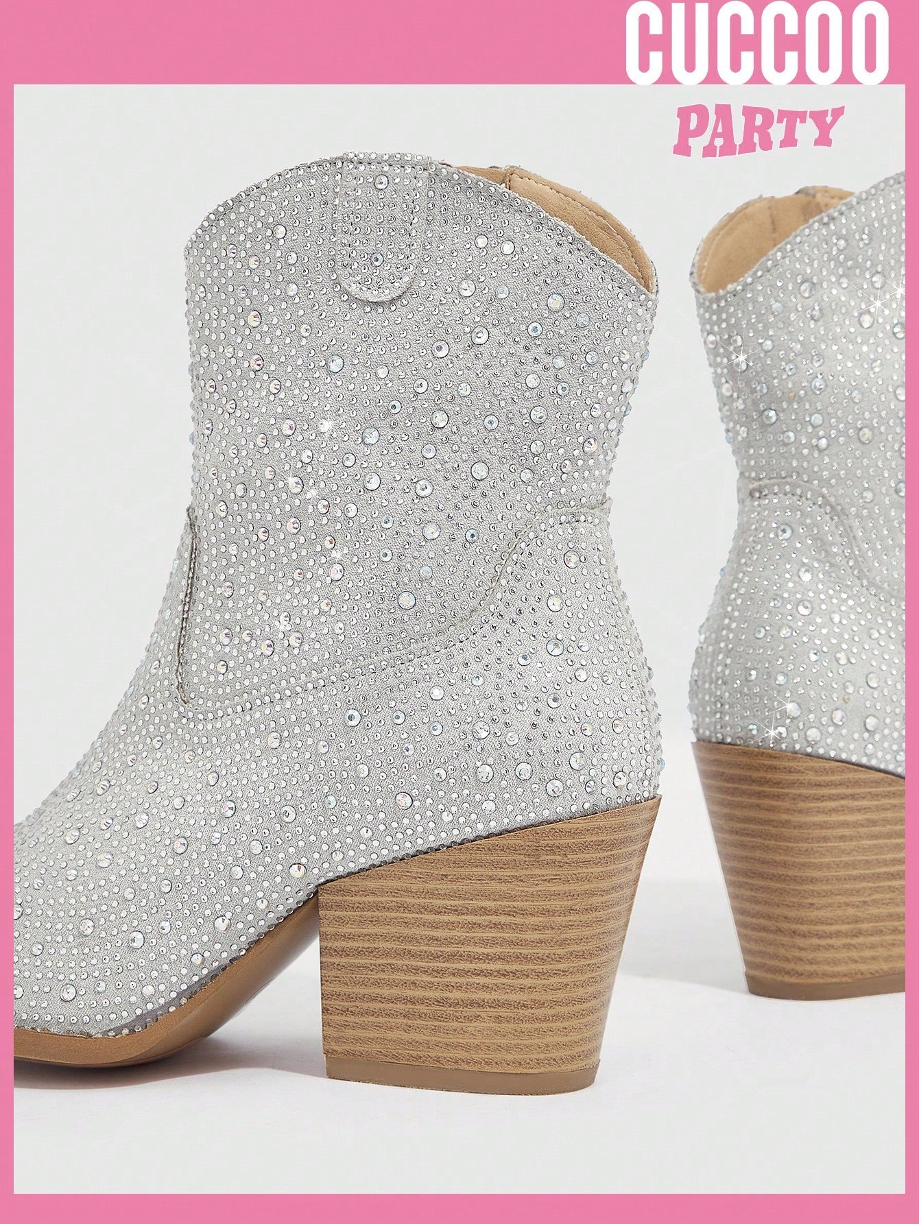 Women Shoes Rhinestone Decor Chunky Heeled Western Boots Valentines Day