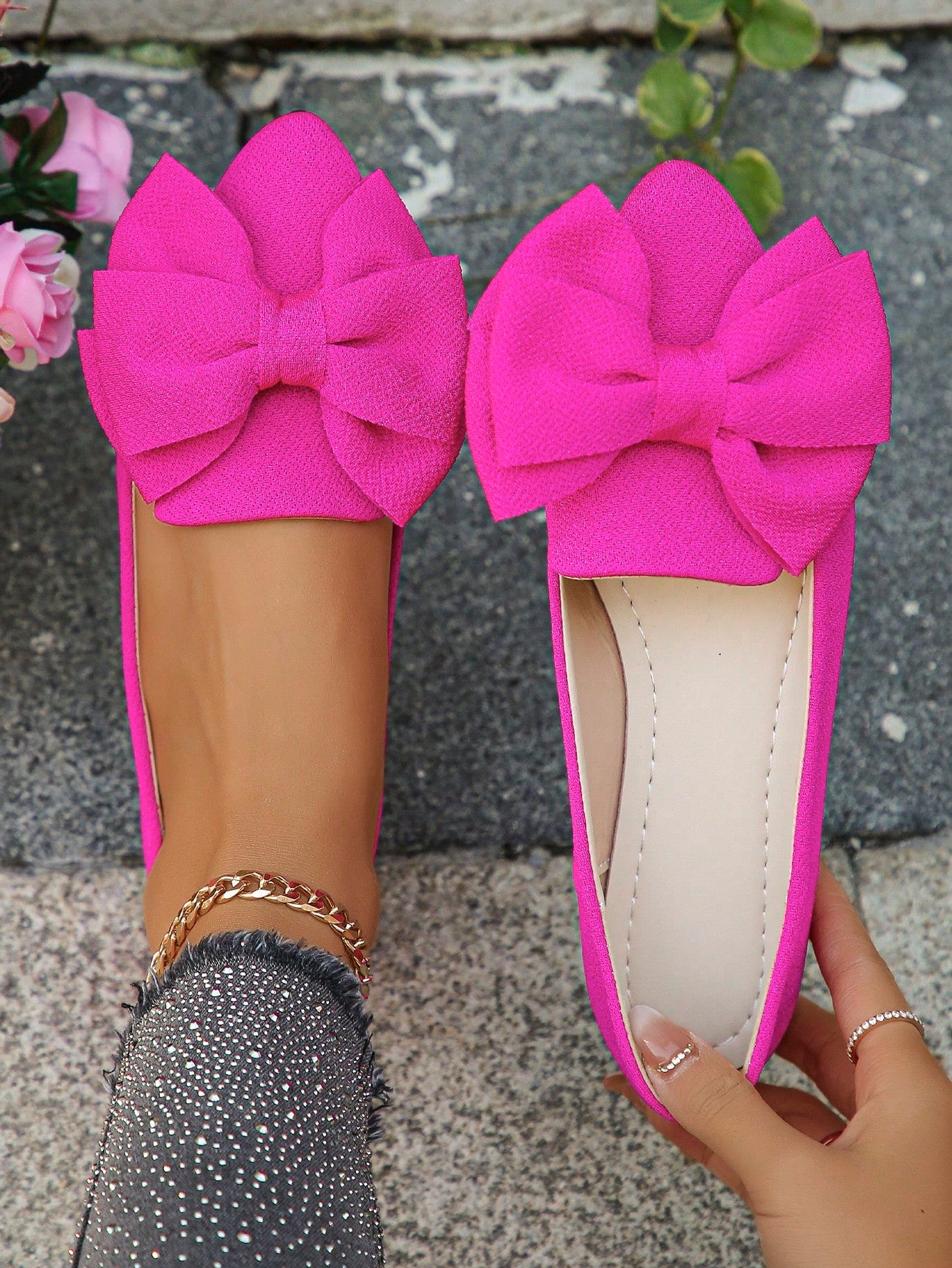 Plus Size Fashionable Sweet Bow Knot Pink Flat Shoes, Pointed Toe, Outdoor And Daily Spring & Autumn New Shallow Slip On Flat Shoes For Women, Work Shoes