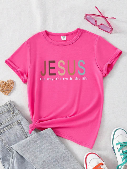 Tween Girl Letter Printed Short Sleeve Round Neck T-Shirt