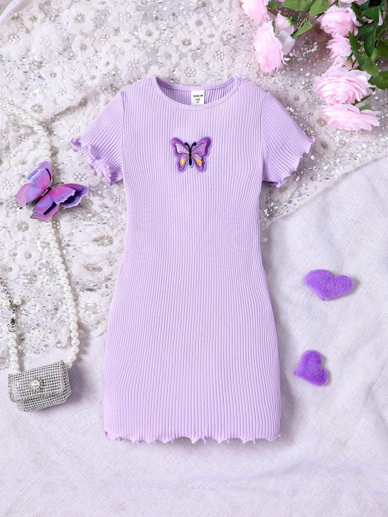 Young Girl Knit Butterfly Patterned Solid Color Round Neck Casual Dress