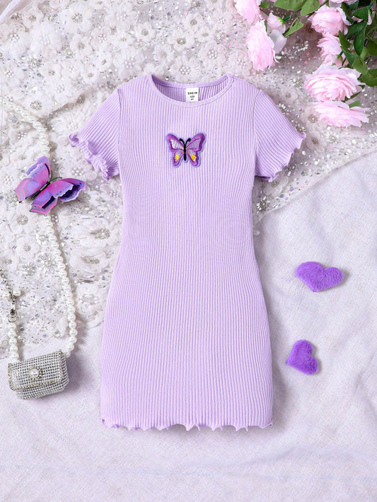 Young Girl Knitted Solid Color Round Neck Butterfly Patterned Casual Dress