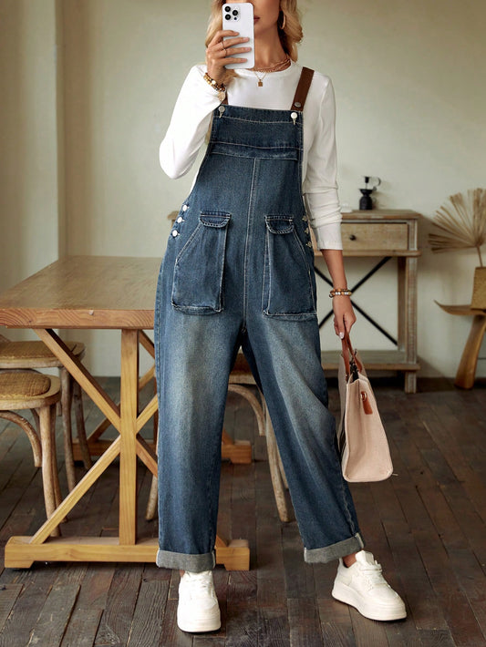 Big Pocket Washed Denim Suspender Jumpsuit