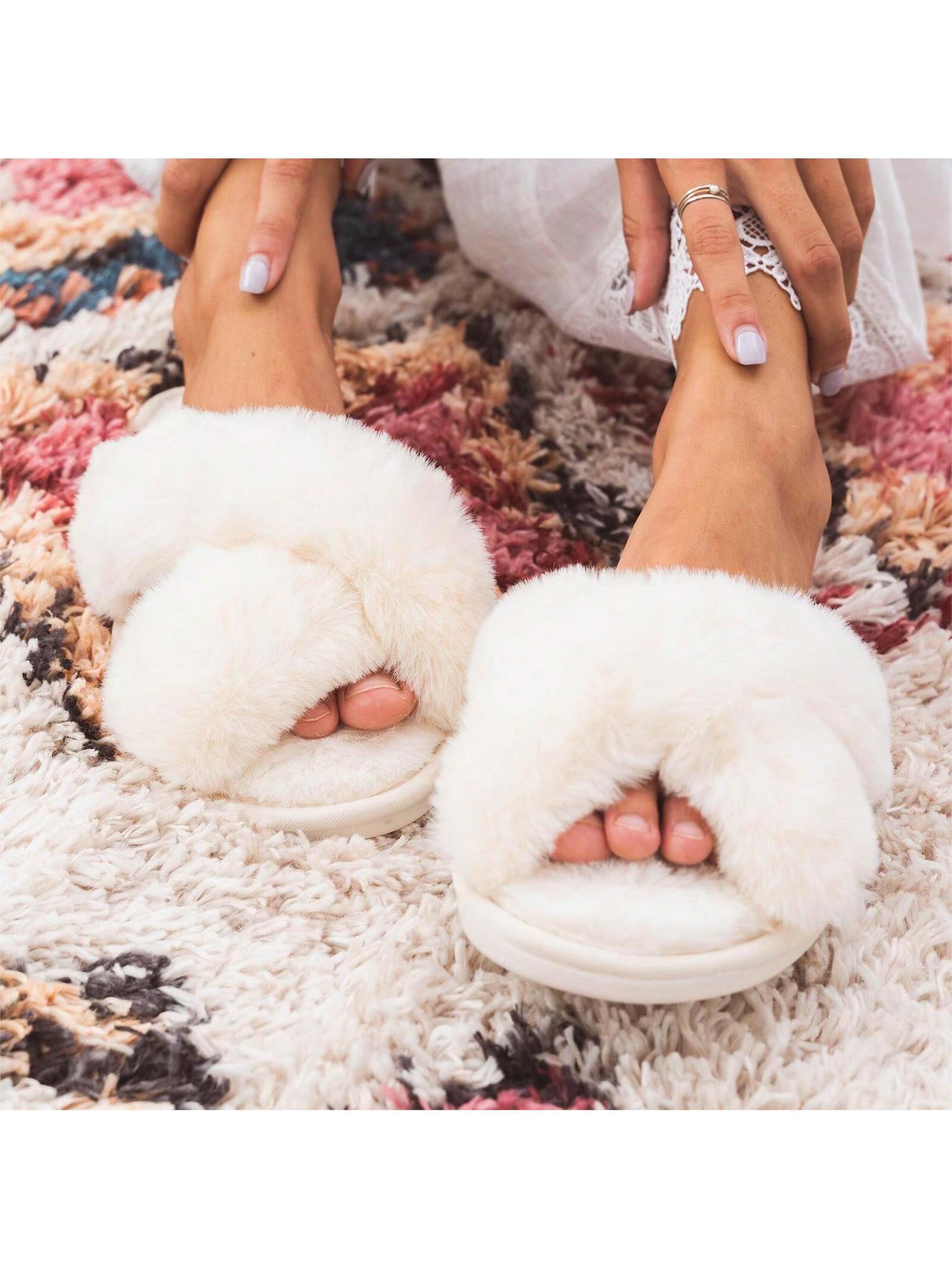 1 Pair Womens Slippers Cross Band Cozy Plush Home Slippers Fluffy Furry Open Toe House Shoes Indoor Outdoor Slide Slipper