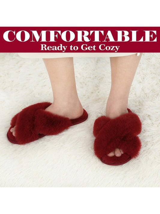 1 Pair Womens Slippers Cross Band Cozy Plush Home Slippers Fluffy Furry Open Toe House Shoes Indoor Outdoor Slide Slipper