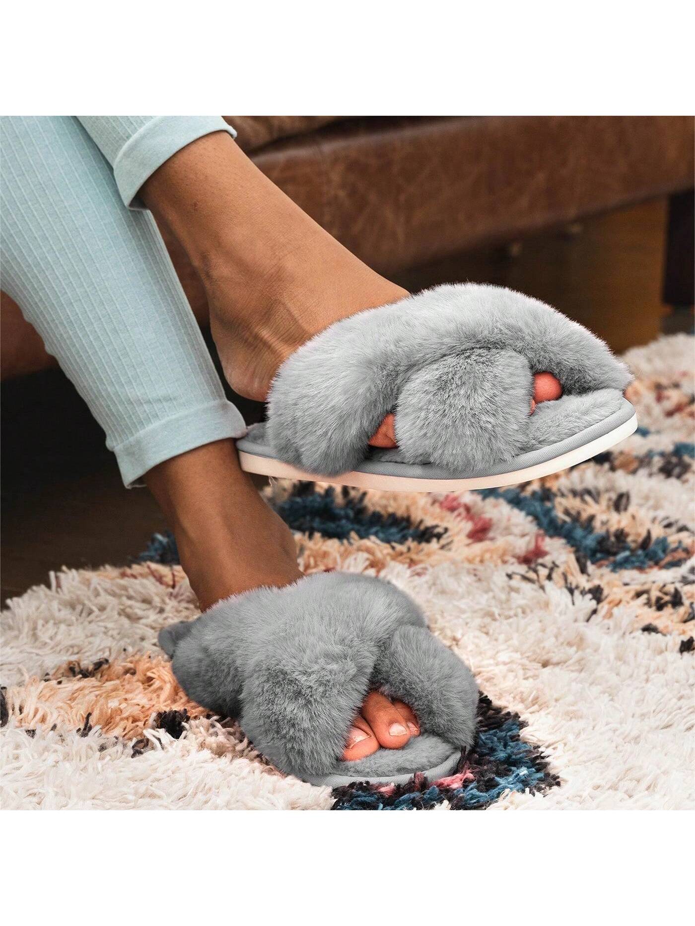 1 Pair Womens Slippers Cross Band Cozy Plush Home Slippers Fluffy Furry Open Toe House Shoes Indoor Outdoor Slide Slipper