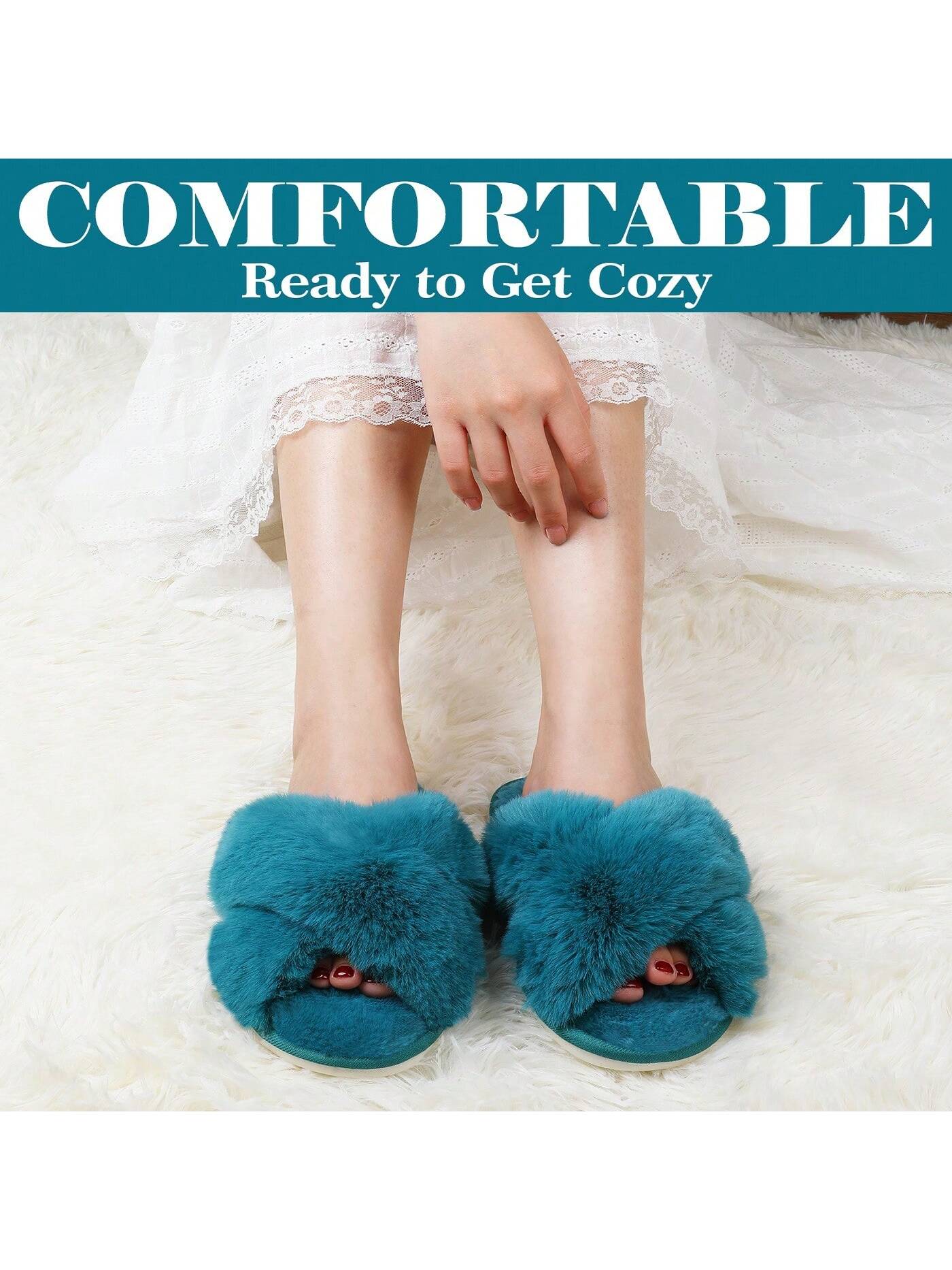 1 Pair Womens Slippers Cross Band Cozy Plush Home Slippers Fluffy Furry Open Toe House Shoes Indoor Outdoor Slide Slipper