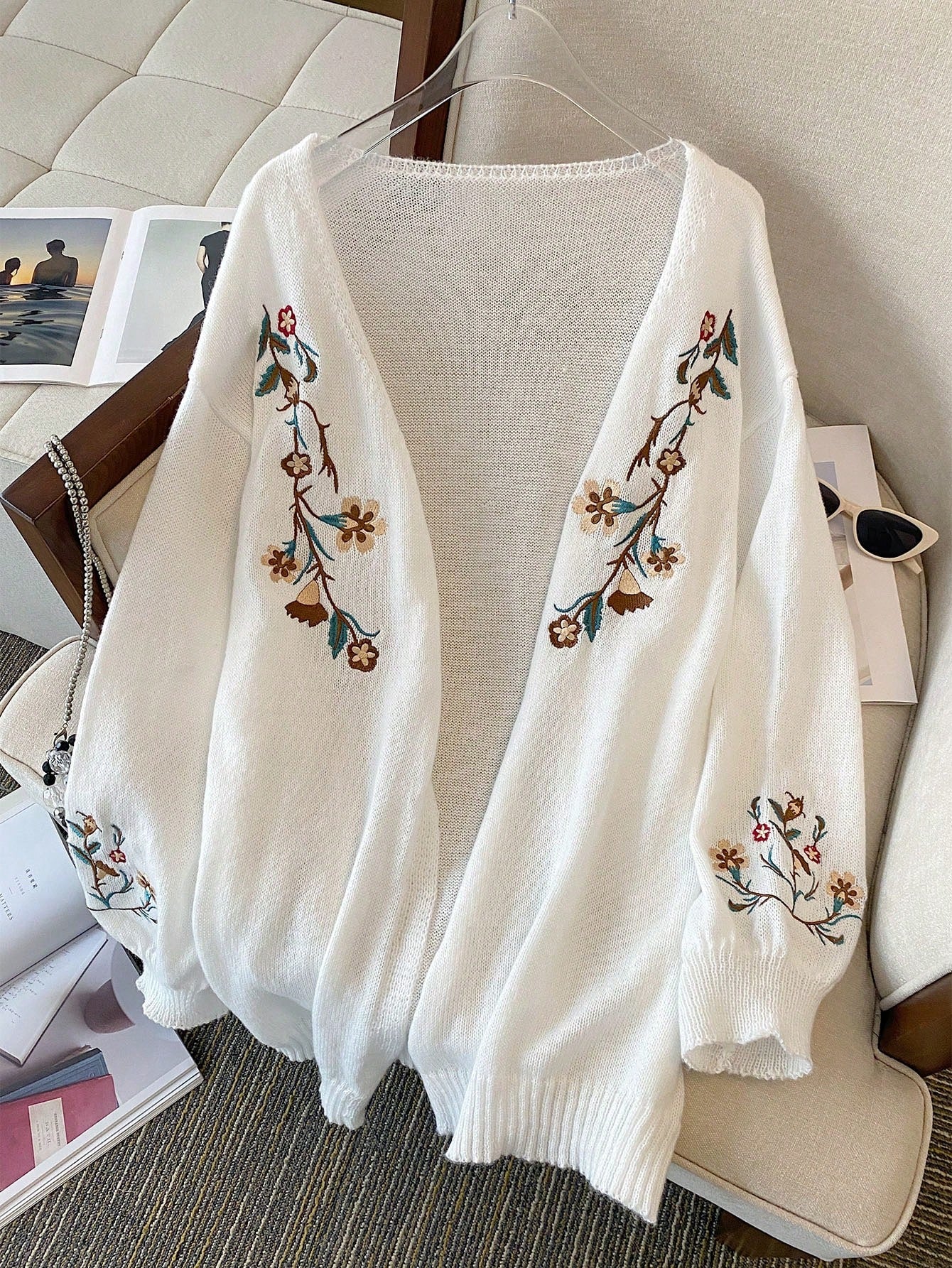 Plus Size Women's Floral Embroidery Drop Shoulder Long Sleeve Cardigan