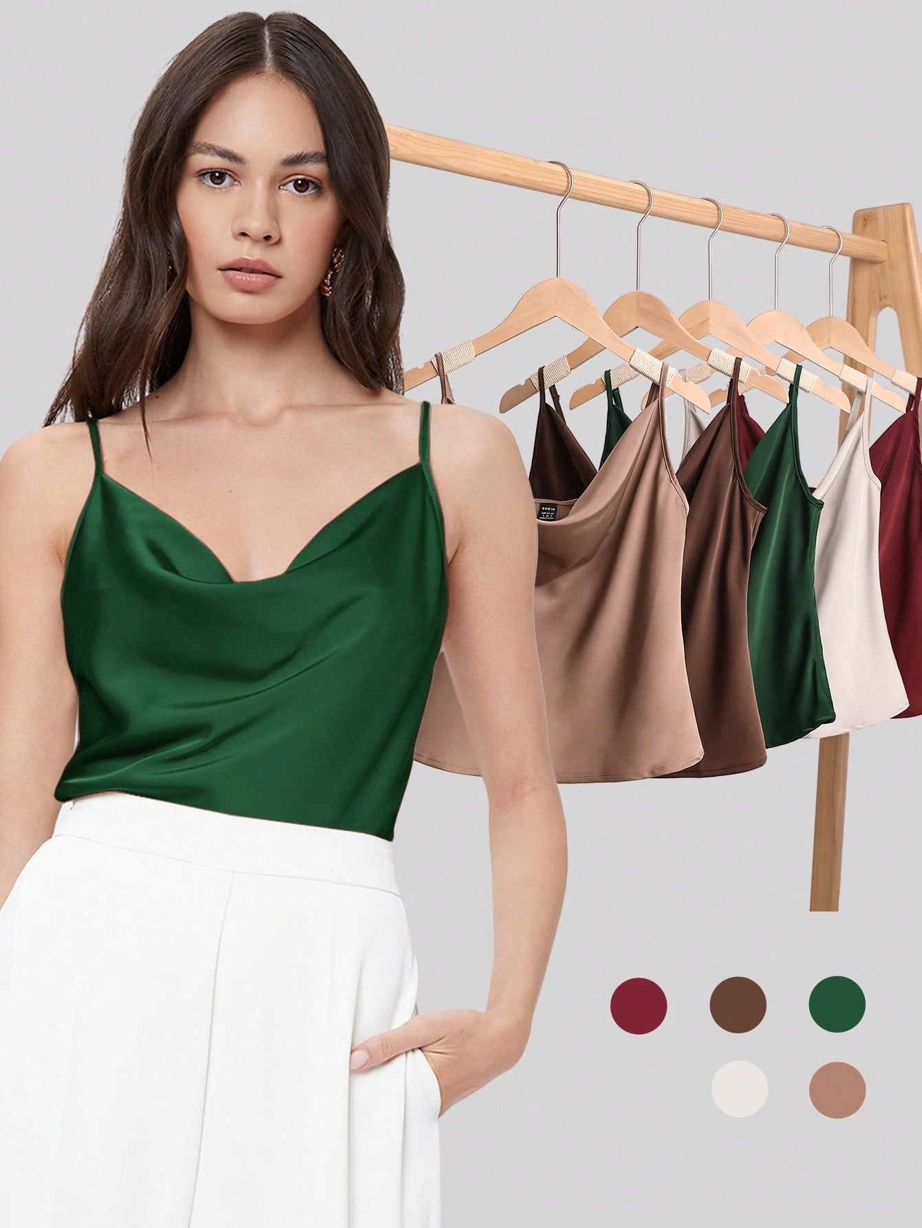 Solid Color Satin Draped-Neck Women's Cami Top, Suitable For Office Work Wear