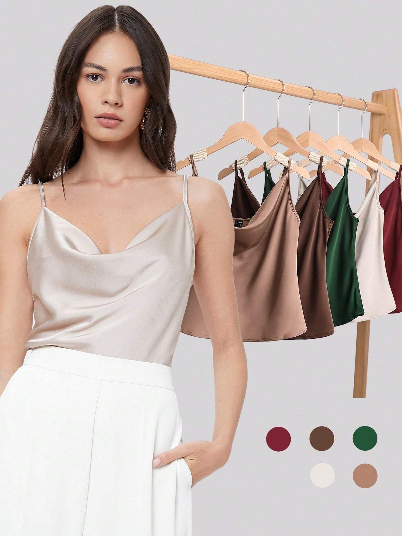 Solid Color Satin Draped-Neck Women's Cami Top, Suitable For Office Work Wear