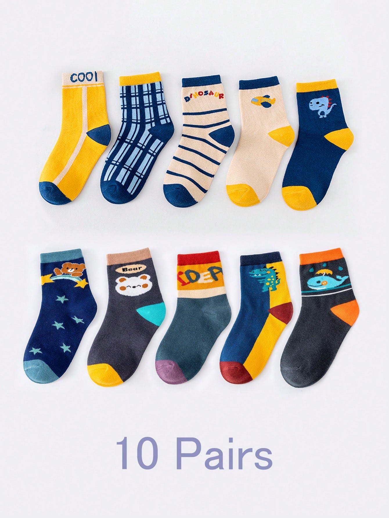 10pairs/Set New Style Cartoon Patterned Short Socks For Baby Boys, Including Car, Stripe, Dinosaur, Whale, Bear, Airplane, Dolphin, Etc.