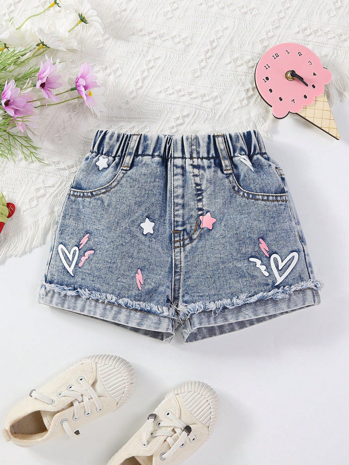 Young Girl Casual And Cute Star Print Loose Fit Comfortable Denim Shorts