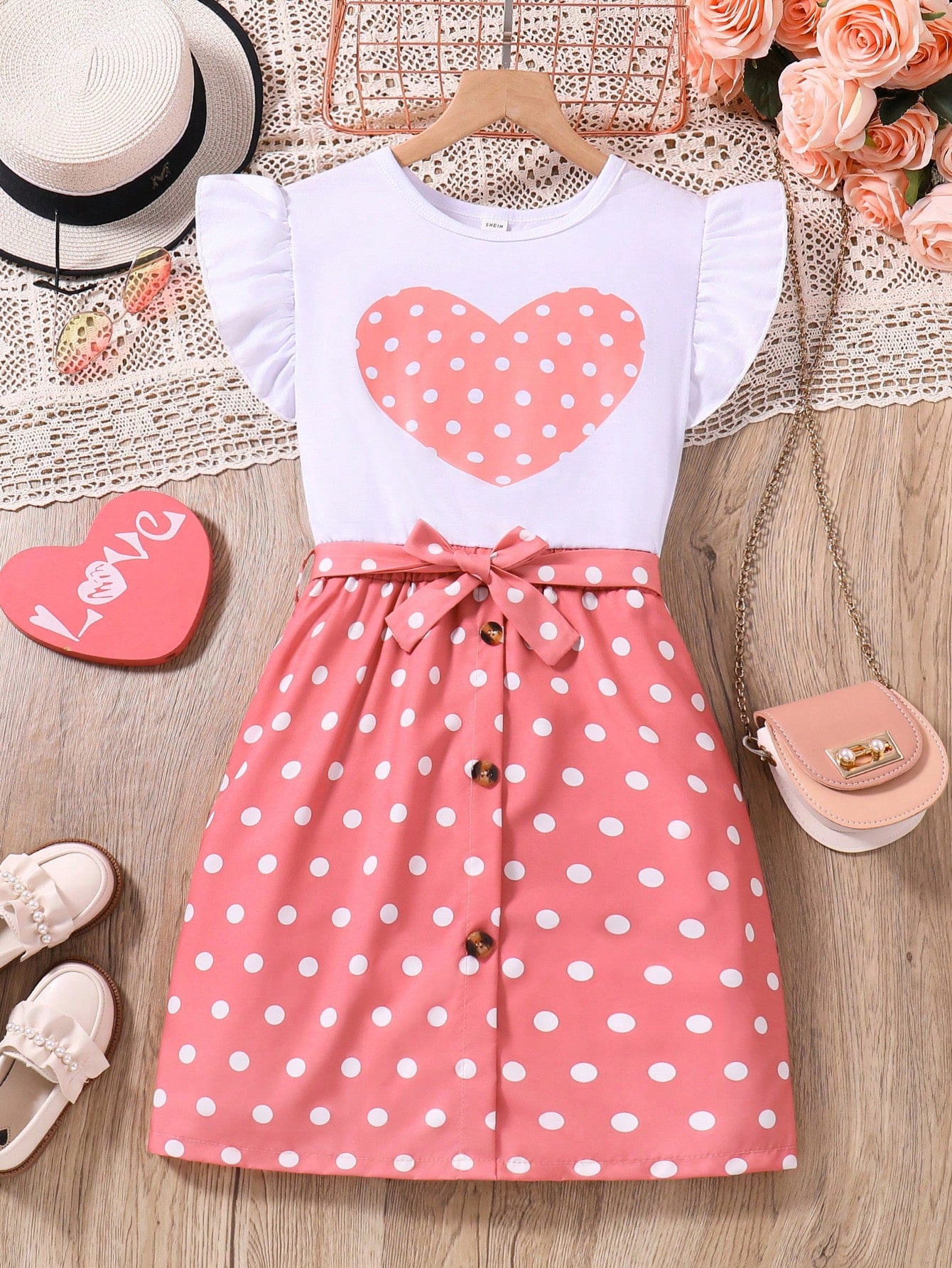 Tween Girls Heart & Polka Dots Print Cap Sleeve Dress With Waist Belt