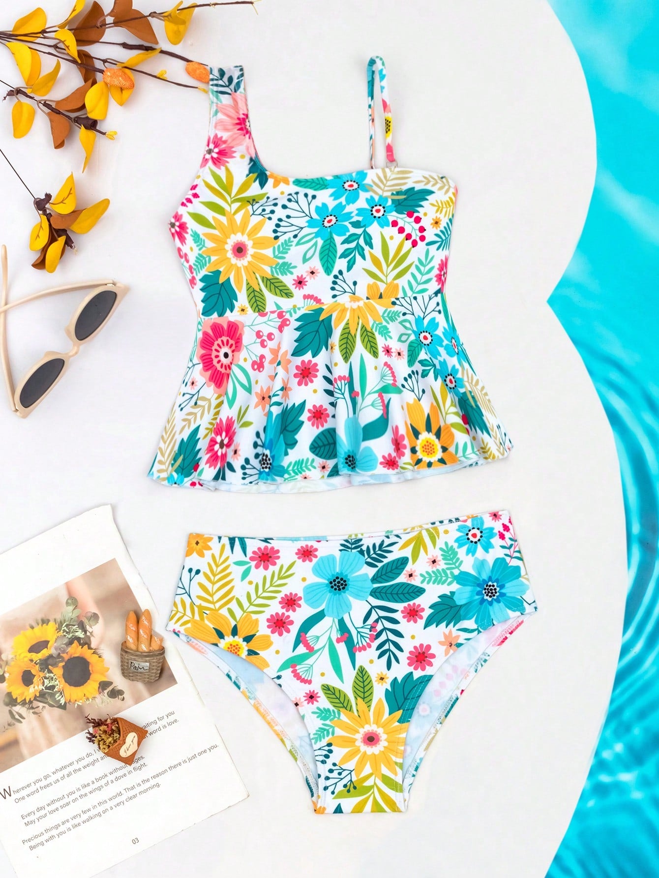 Tween Girl All Over Flower Printed Tankini Set