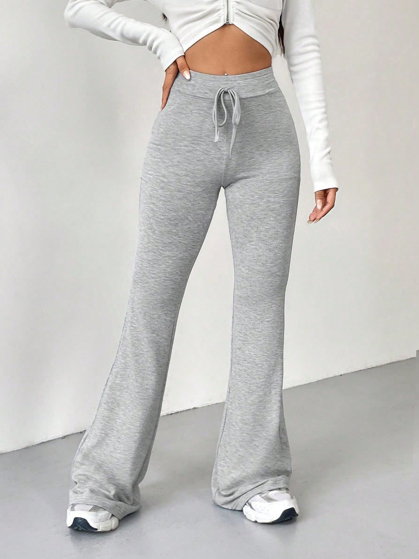 Retro Style Grey Tie Waist Flare Leg Sweatpants