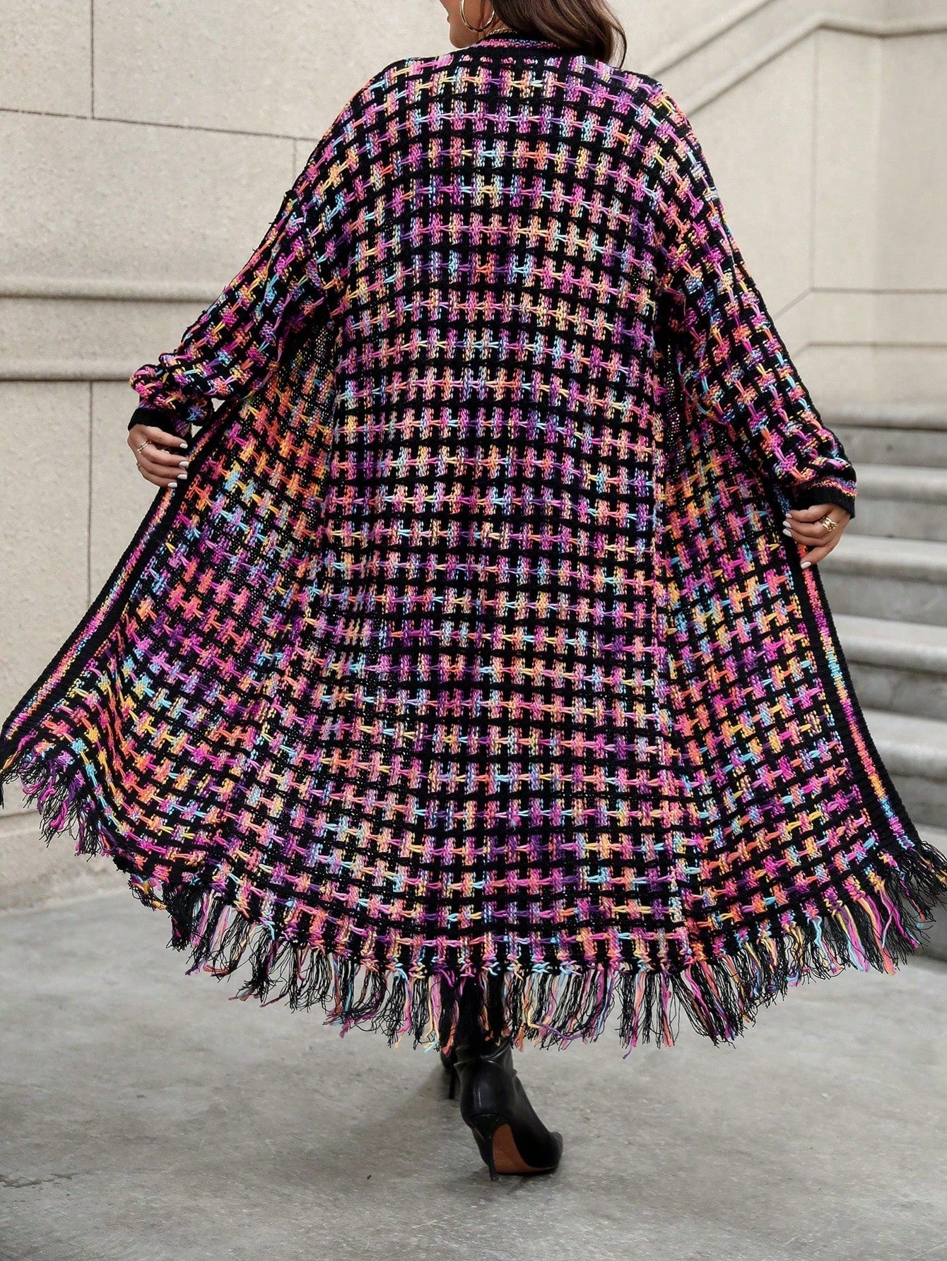 Plus Size Long Plaid Mixed Color Fringed Hem Cardigan Sweater