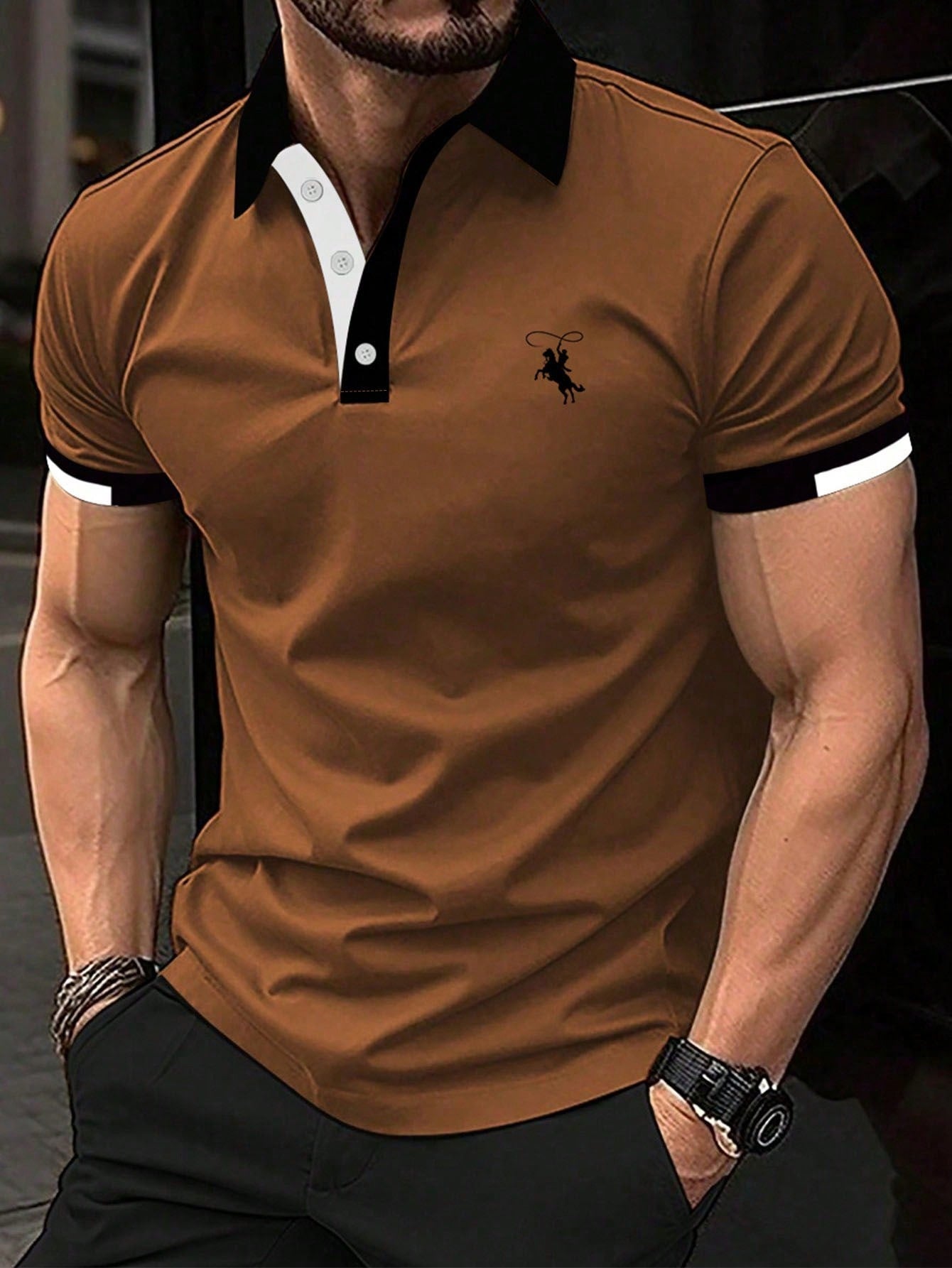 Men Horse Graphic Contrast Trim Polo Shirt