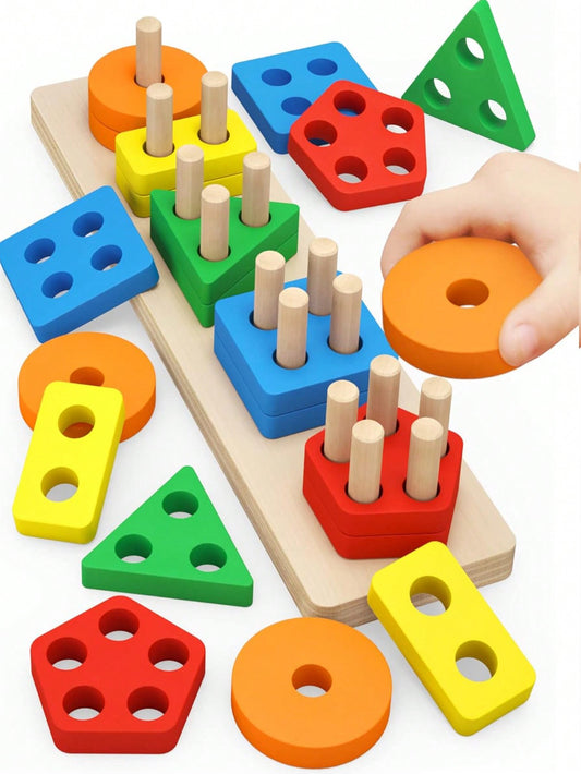 Wooden Geometric Shape Sorting Stacking Puzzles Blocks Set With Five Colorful Columns, Montessori Early Education Learning Toys For 3+ Year Old Toddlers, Shape & Color Recognition, Numerical Cognition