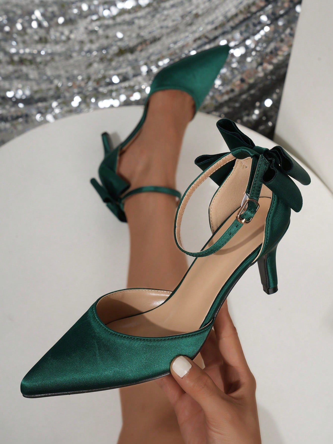 Spring/Autumn Green Satin Stiletto High-Heel Pointed-Toe Slingback Shoes For Women, With Bow Knot, Suitable For Dress To Create A Fairy Style