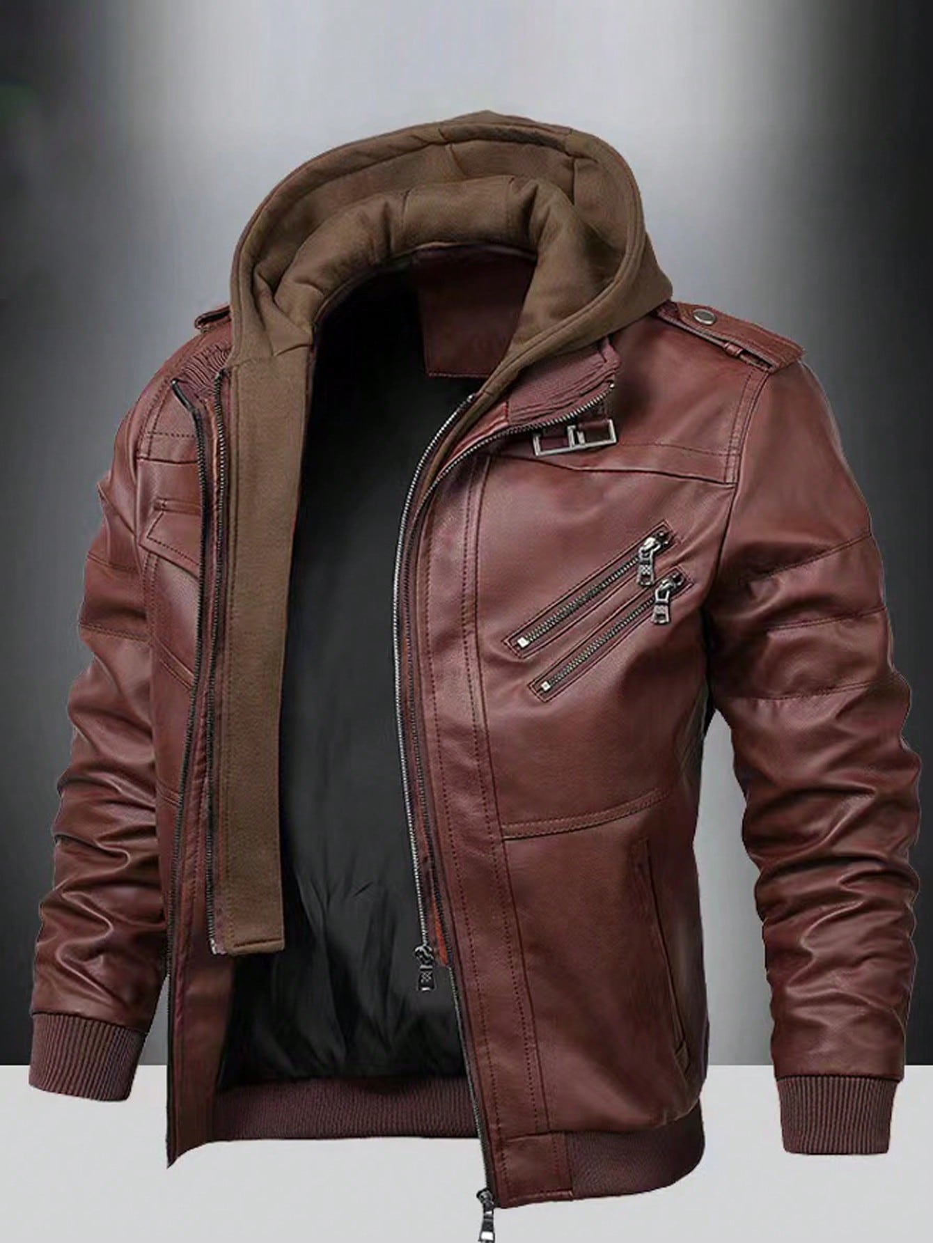 Men Zip Up Hooded PU Leather Jacket