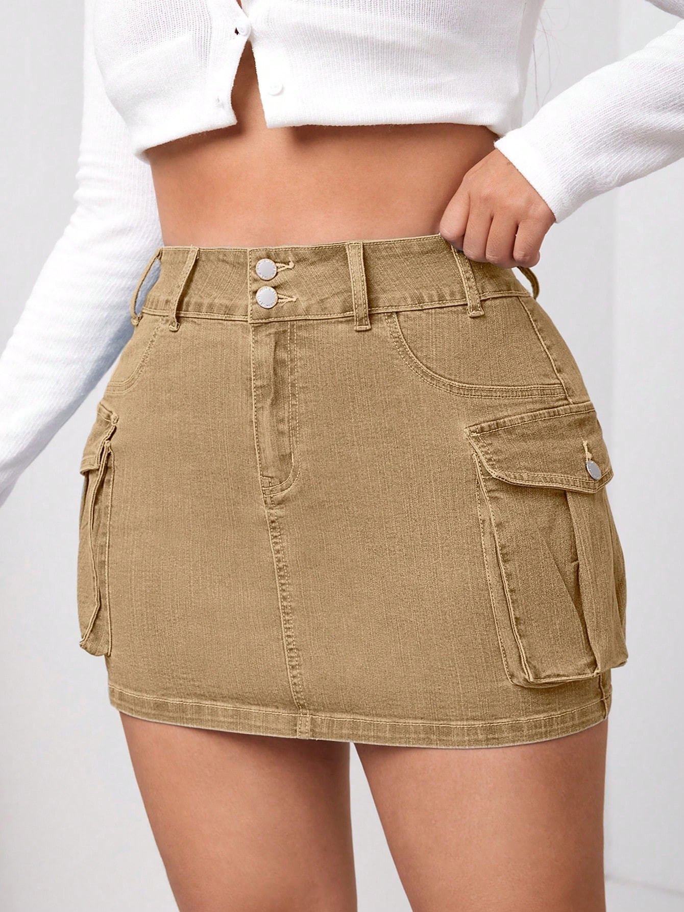 Women'S Plus Size Solid Color Folded Pocket Denim Skirt