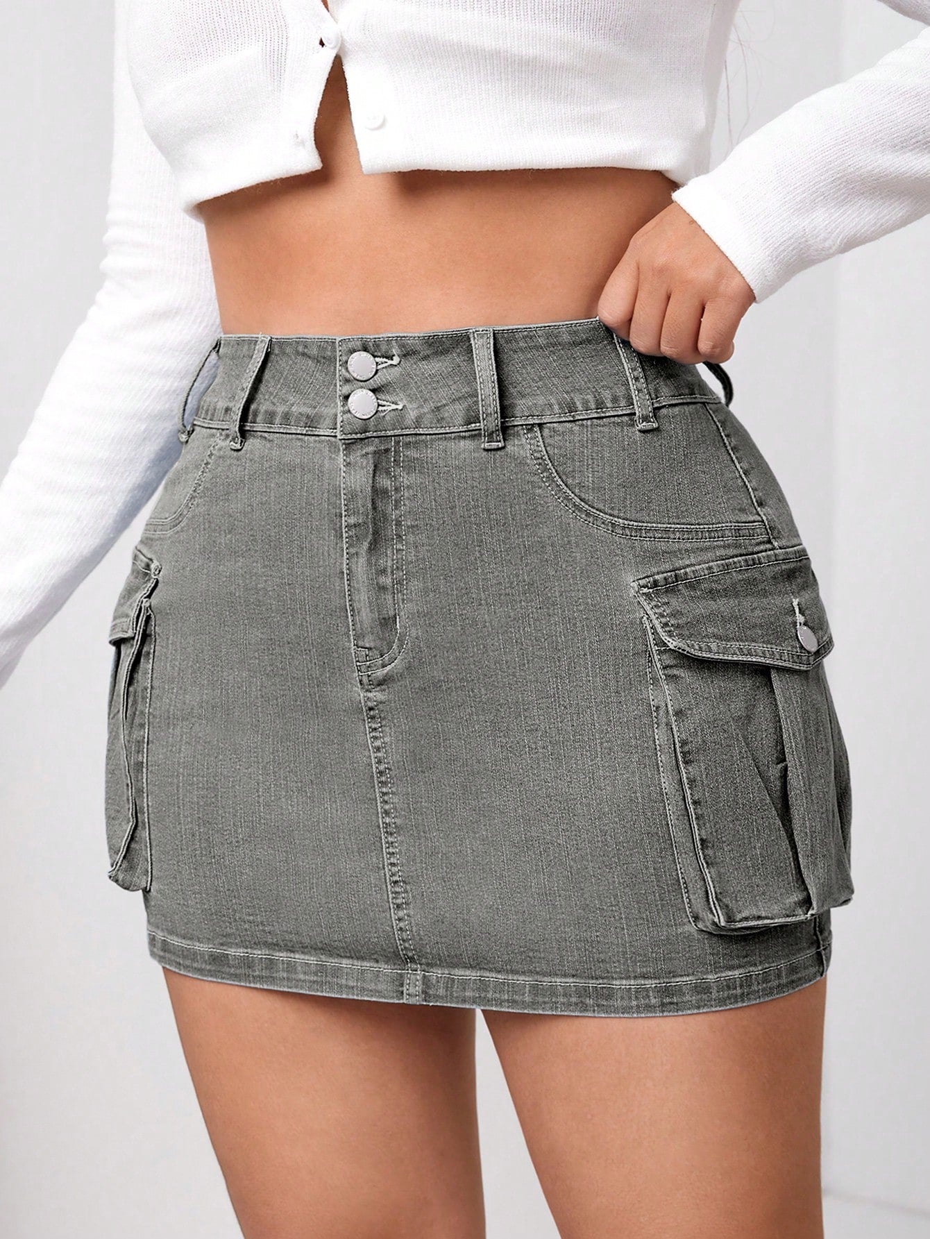 Plus Flap Pocket Denim Skirt