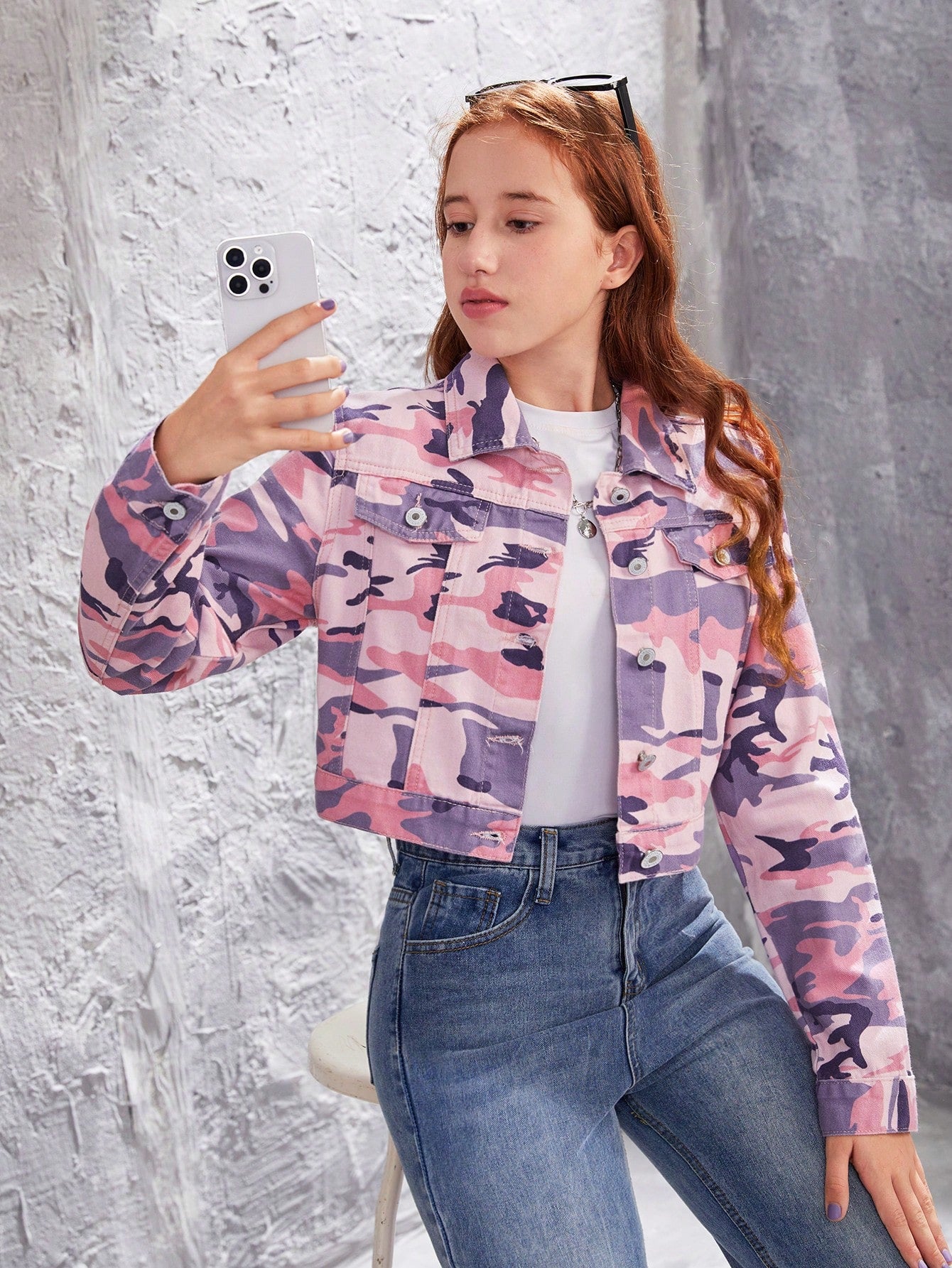 Teen Girls' Camouflage Short Denim Jacket With Regular Shoulder Style Street Style