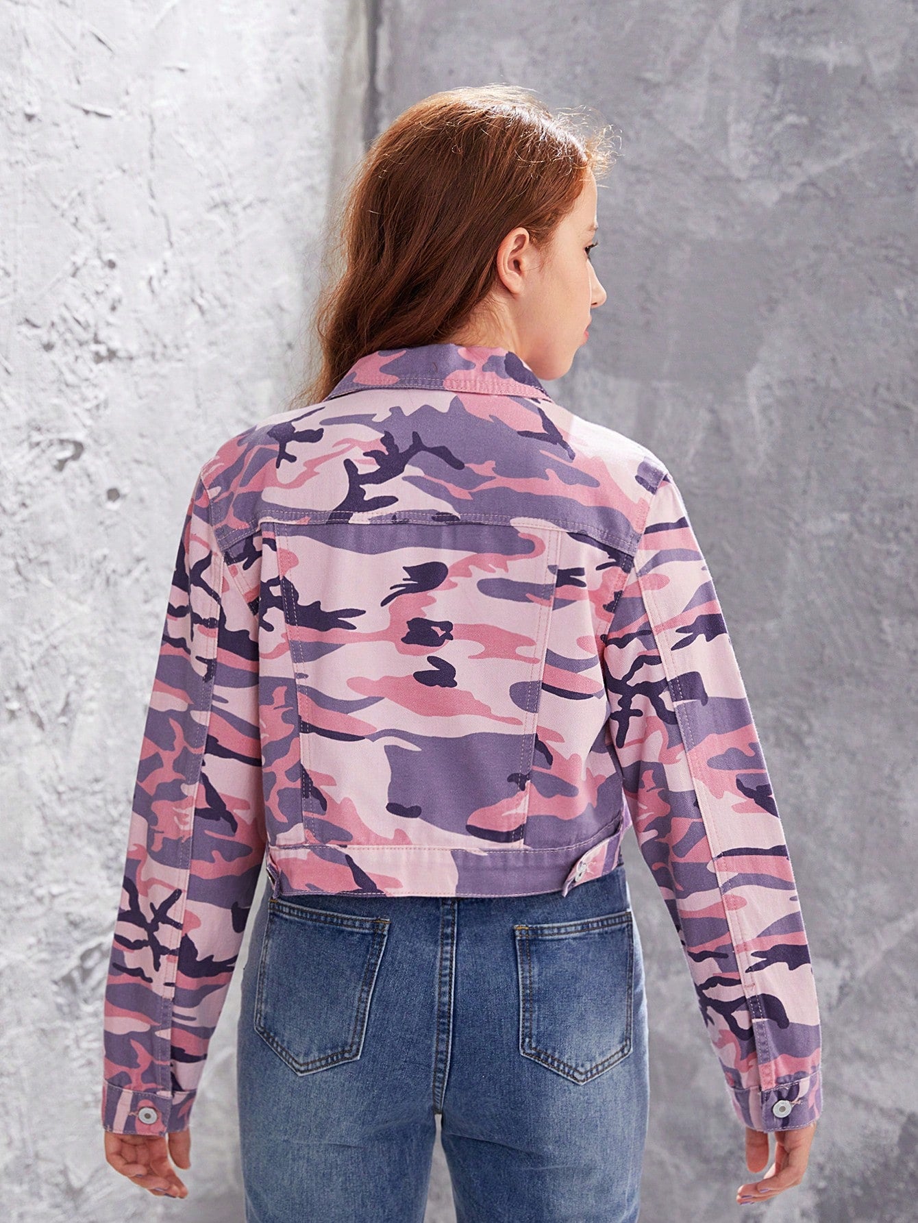 Teen Girls' Camouflage Short Denim Jacket With Regular Shoulder Style Street Style