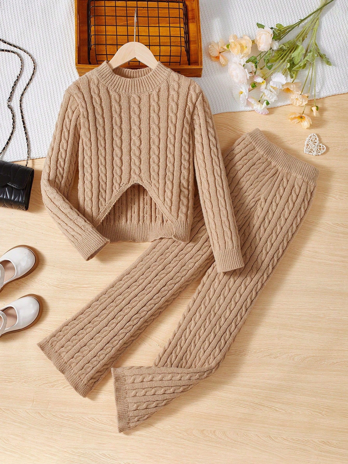 Tween Girl Solid Cable Knit Sweater & Knit Pants