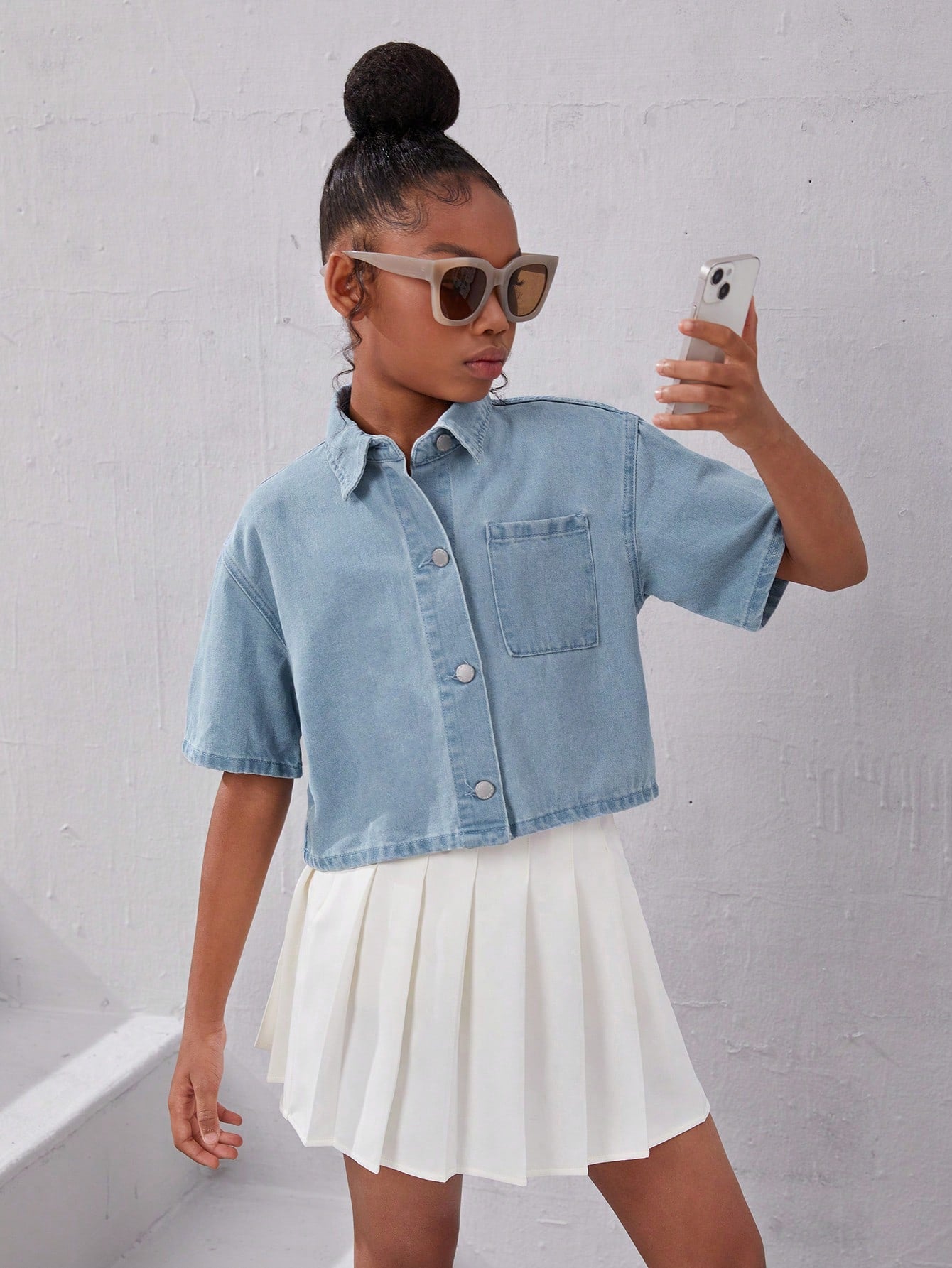 Tween Girl Non-Stretch Regular Fit Casual Denim Short Sleeve Top