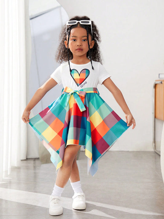 Young Girl Heart Pattern Belted Asymmetrical Hem Plaid Dress