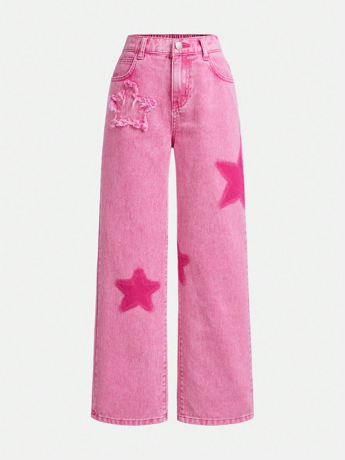 Girls' Cute Star Pattern Water-Washed Straight Jeans