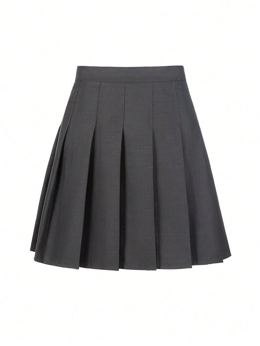 Back-To-School Season Tween Girl Solid Color Sporty Skateboard Mini Skirt With Elastic Waistband And Pleats, Perfect For School Uniform Or Performance, Dark Gray