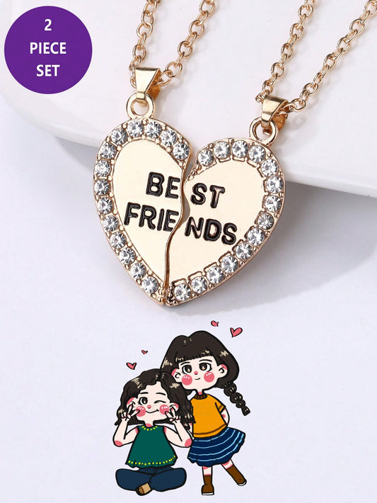 2pcs/Set Best Friend Necklace , Heart-Shaped Stitching Black Letters Rhinestone Pendant , Best Friend Necklace Jewelry Gift