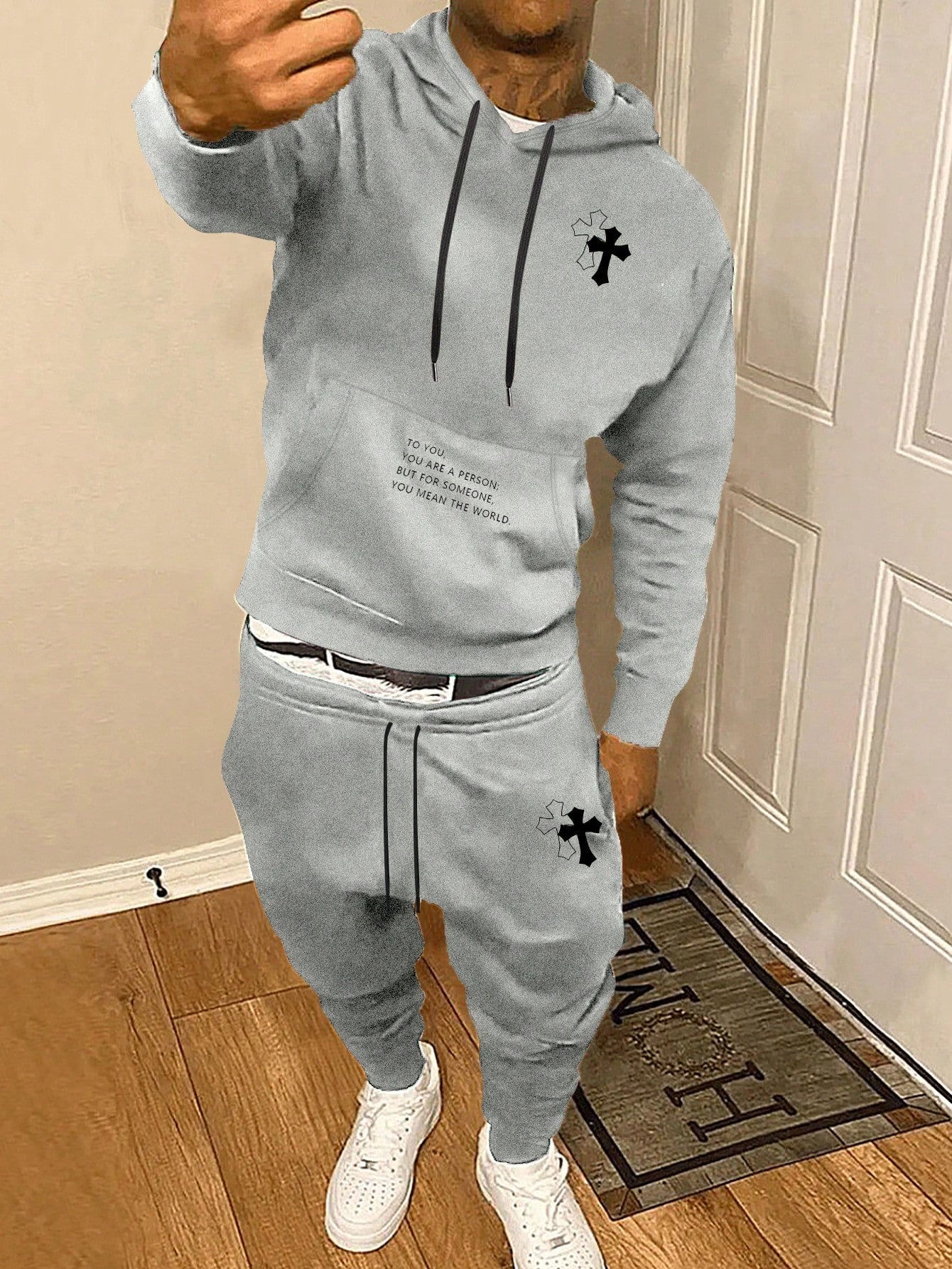 Men's Letter & Cross Printed Hooded Sweatshirt & Jogger Pants Set With Kangaroo Pocket And Drawstring