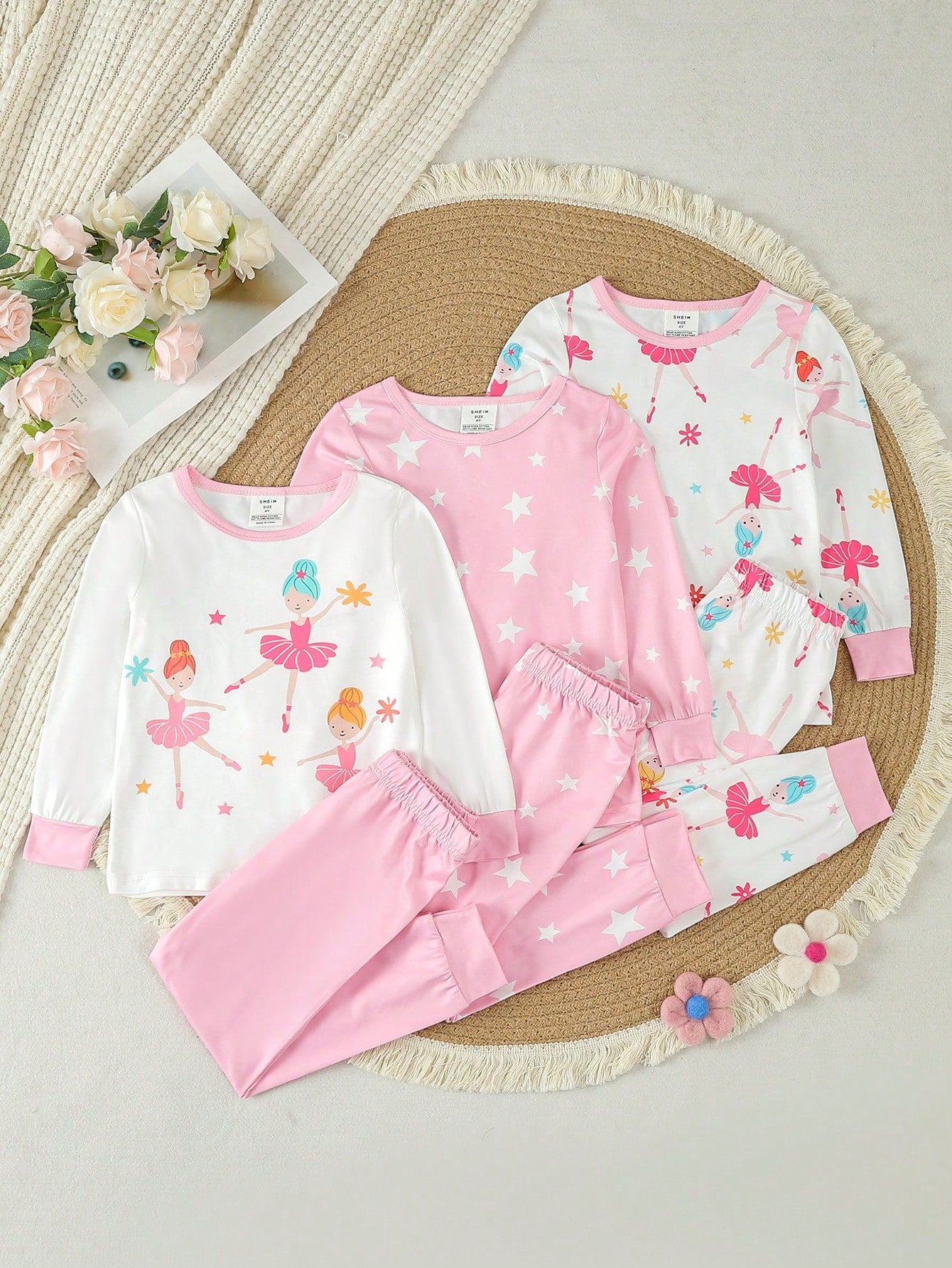 Young Girl Cartoon Character & Star Print Long Sleeve Pants Snug Fit Homewear Set