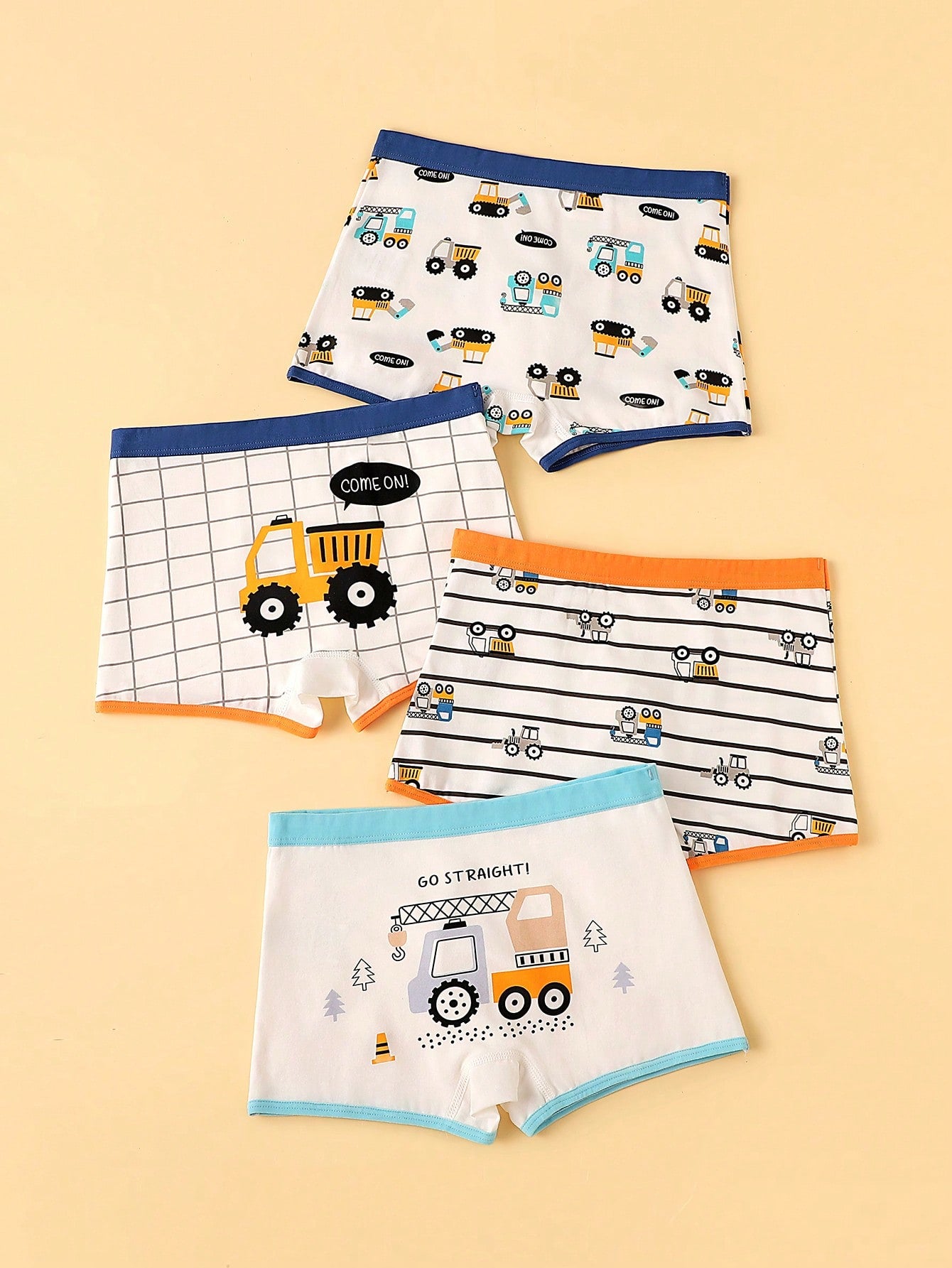 4pcs/Set Young Boy Cartoon Excavator Print Underwear