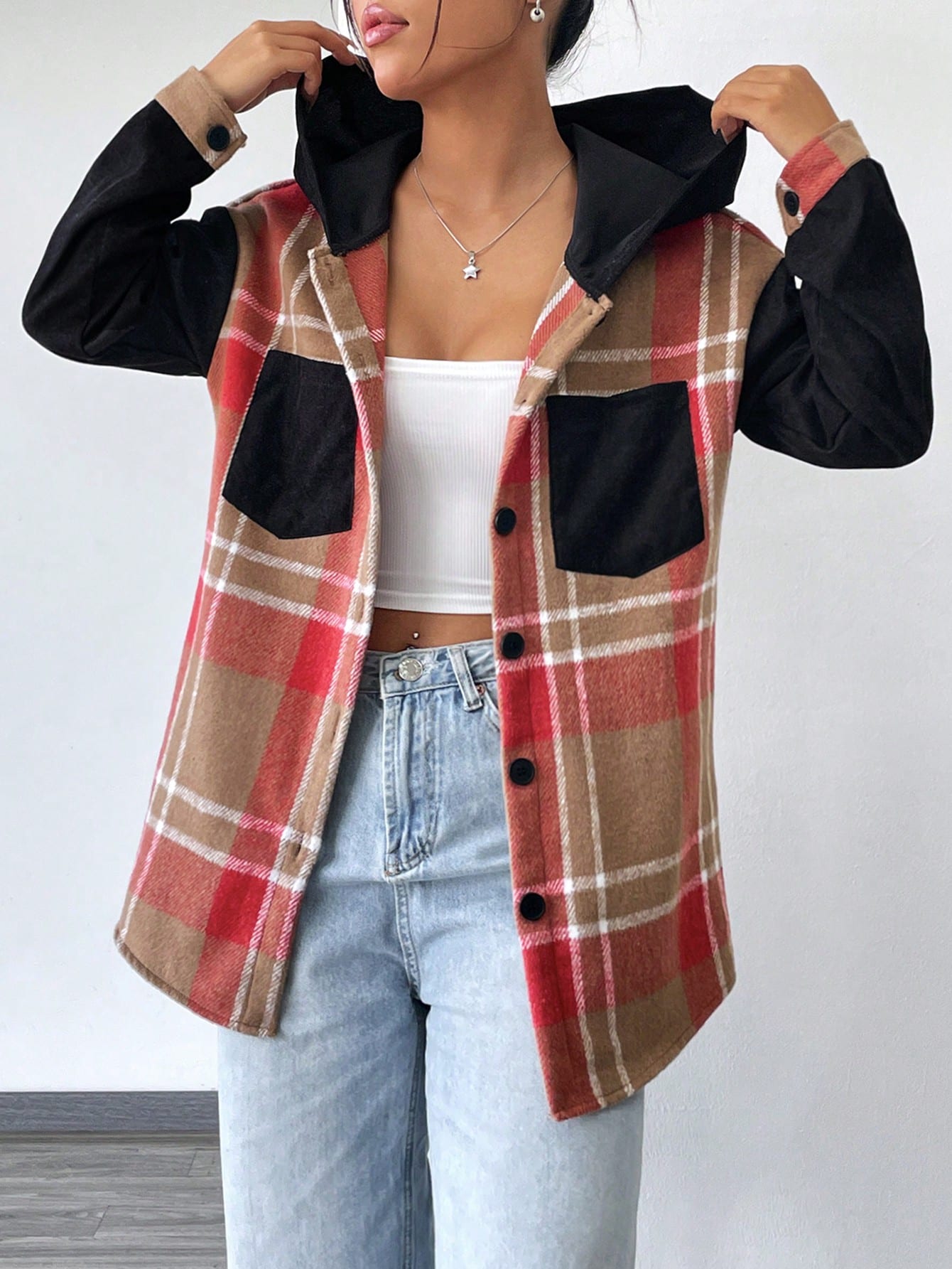 Plaid Print Drop Shoulder Hooded Coat