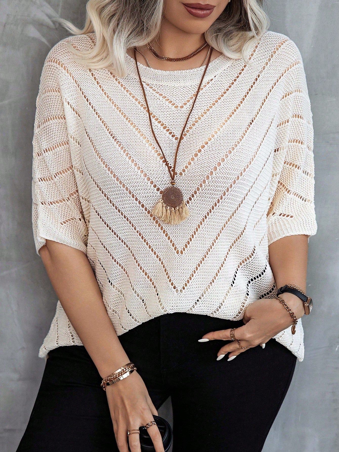 Plus Size Plain Round Neck Mid-Sleeve Loose Casual Spring/Summer Hollow Knitted Top