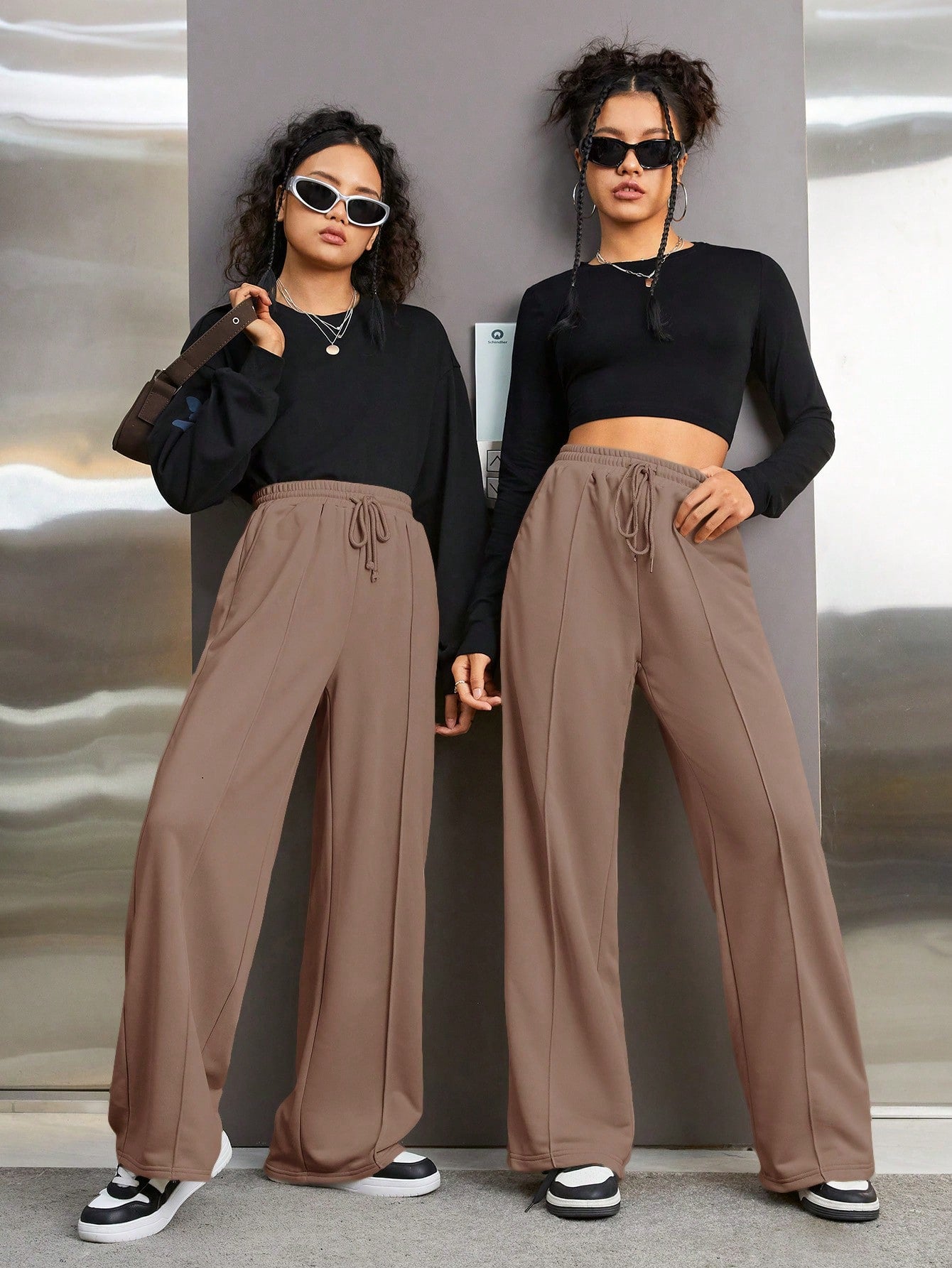 Teen Girl Knitted Solid Color Baggy Sports Pants With Slanted Pockets